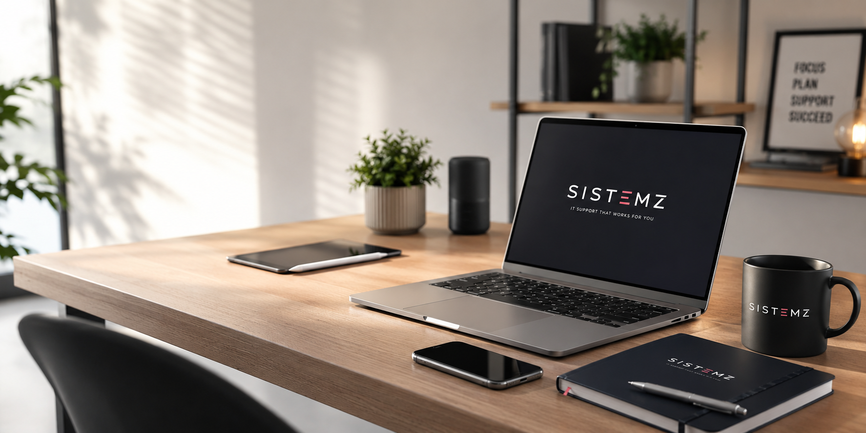A modern office desk with a laptop displaying the SistemaZ logo, a smartphone, a notebook with a pen, a coffee mug branded with the same logo, a plant, a tablet, speakers, and a framed motivational poster in the background.