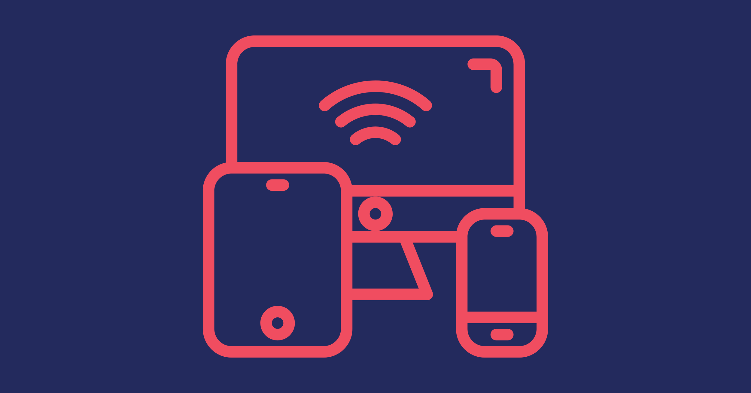 Line drawing of a computer, smartphone, and speaker with a Wi-Fi signal icon, on a dark blue background.