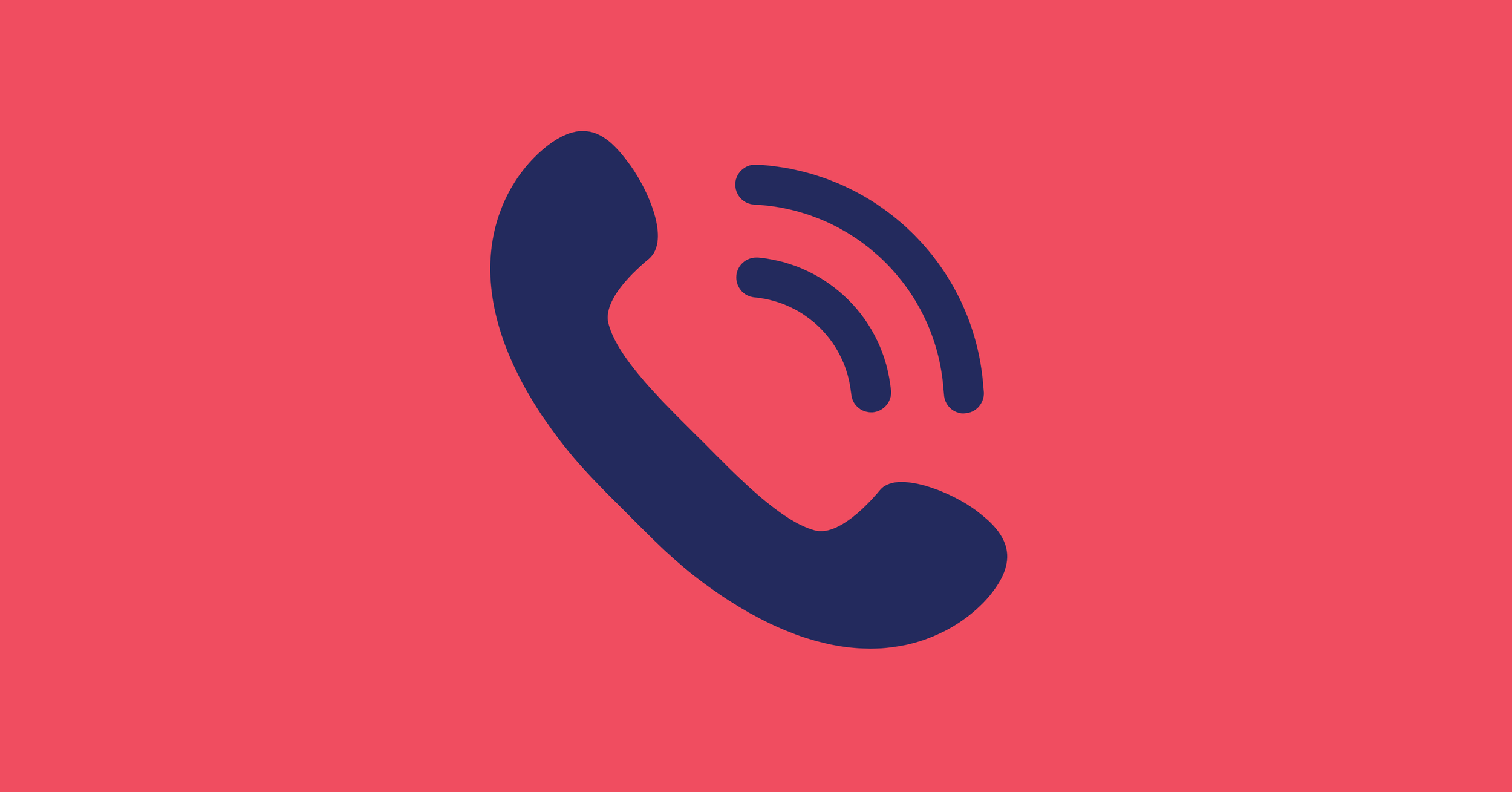 Icon of a dark blue telephone handset with sound waves, set against a coral background.