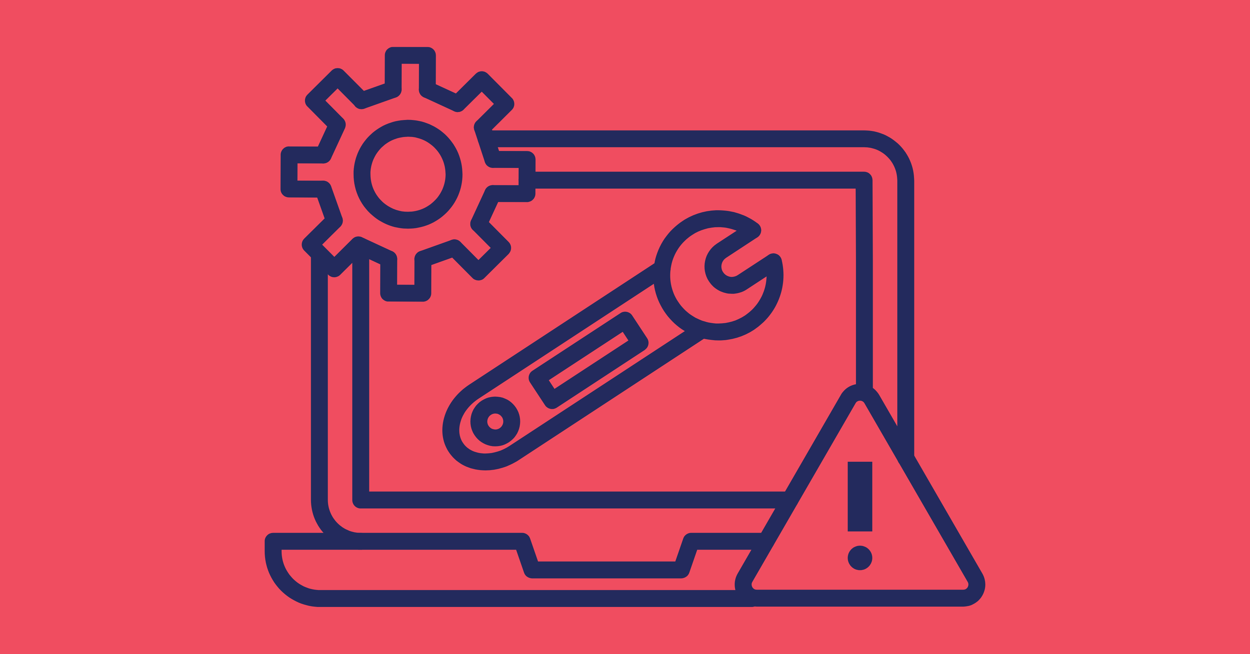 Line drawing of a gear, wrench, and a triangle warning sign with an exclamation mark inside, on a computer monitor screen against a pink background.