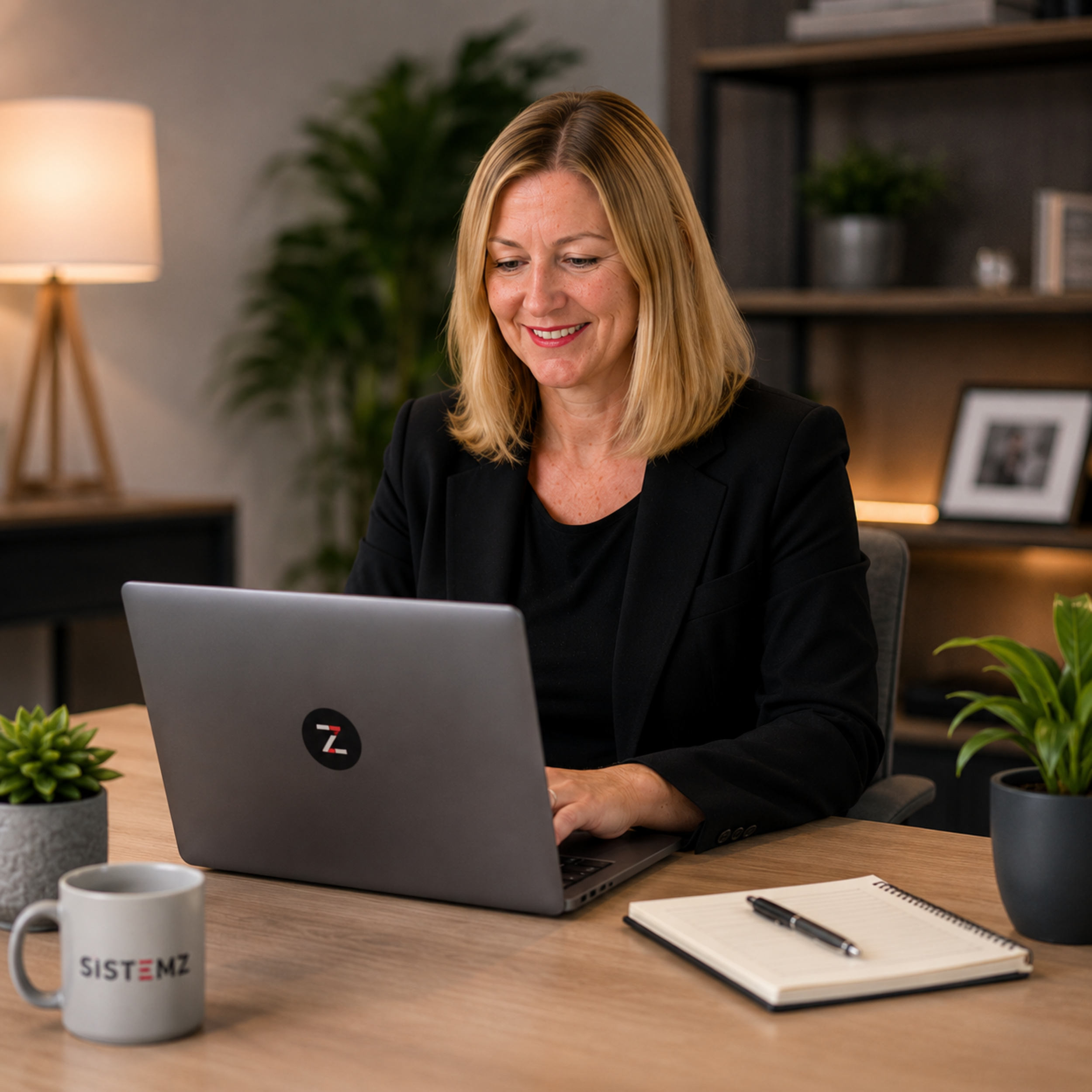 A woman with blonde hair smiling while working on a laptop at a wooden desk, with notebooks, a pen, a coffee mug, and plants around her in a cozy office setting.