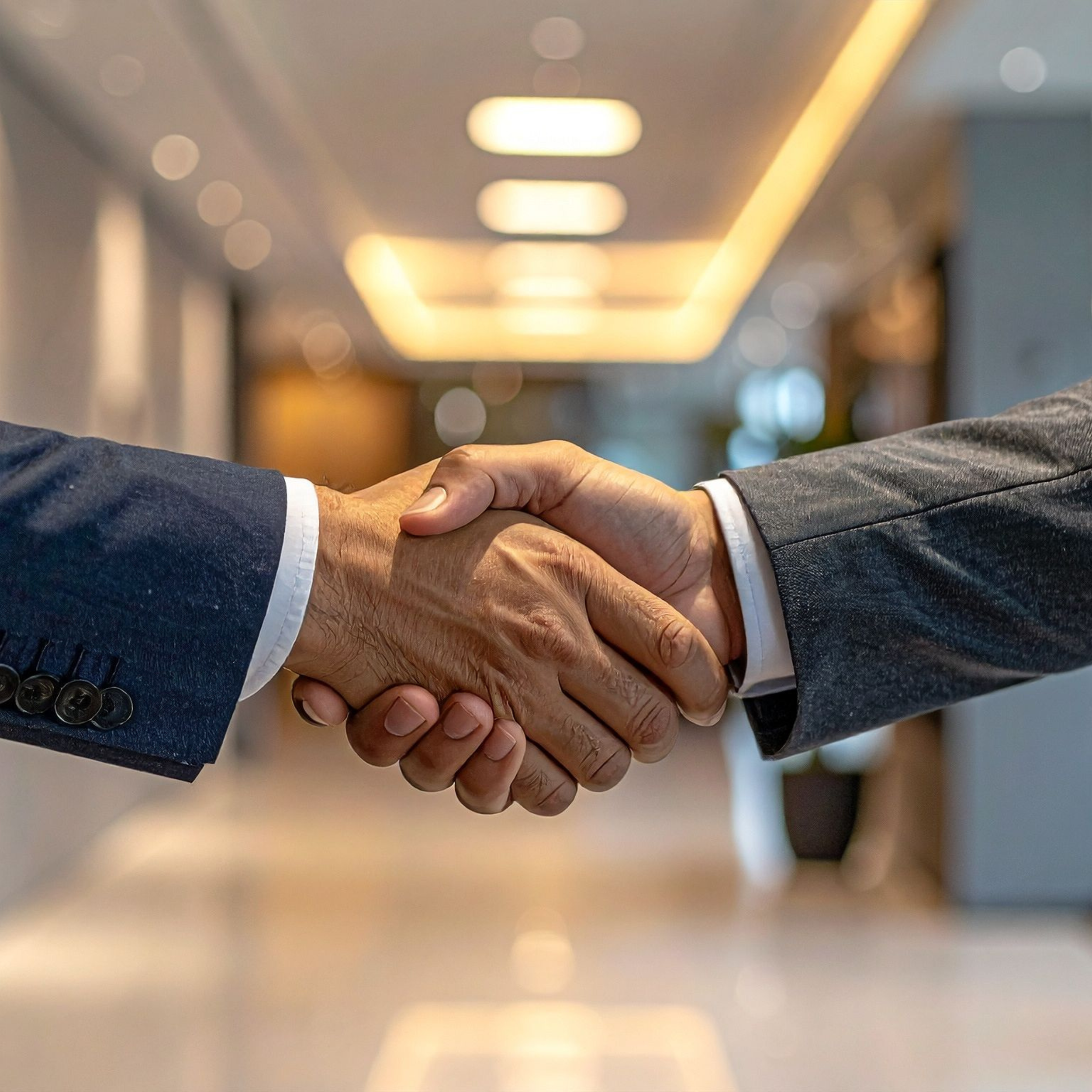 Two people shaking hands in a professional setting, with blurred indoor background and soft lighting.