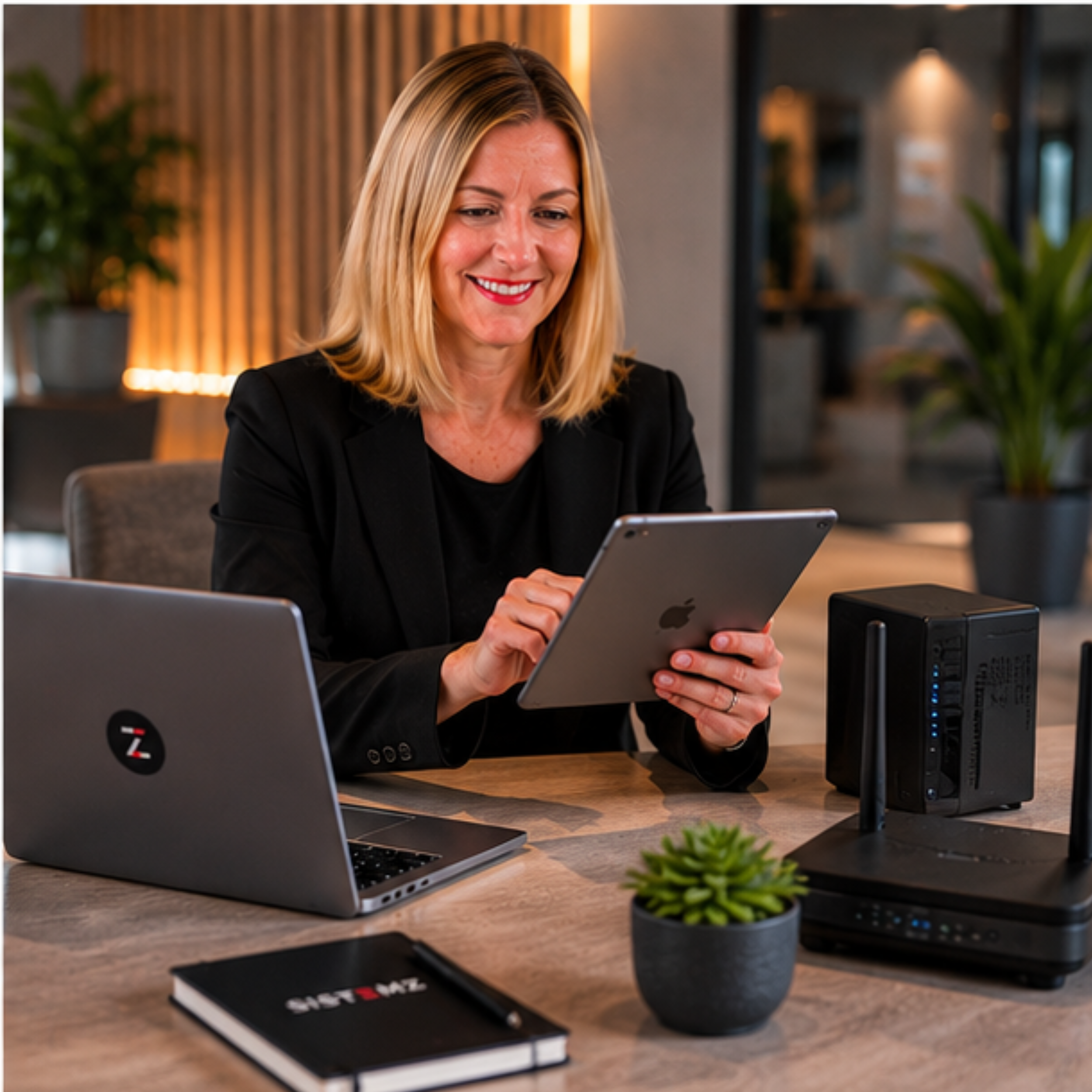 A blonde woman in a black blazer smiling while looking at a tablet, sitting at a desk with laptops, a black notebook titled ‘BRAND’ with a red ‘X’, a small green potted succulent, and another potted plant, in a modern office with warm lighting and wooden accents.