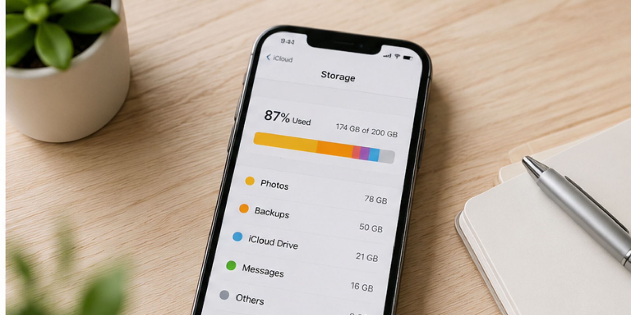 Smartphone displaying iCloud storage usage on a wooden desk next to a white notebook, pen, and a small potted green plant.