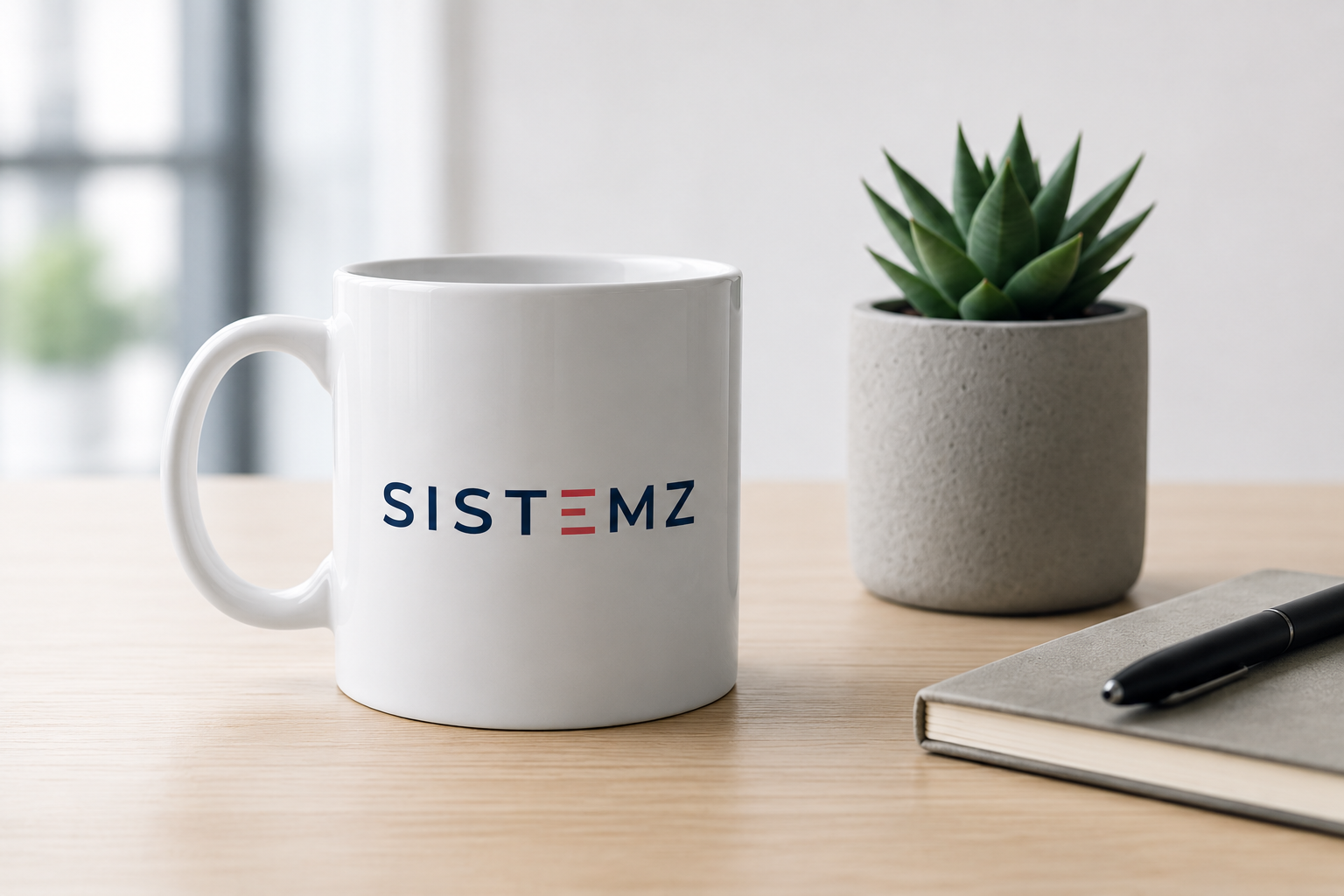 A white coffee mug with the word 'SISTEMZ' printed on it, next to a potted succulent plant and a closed notebook with a black pen on top, on a light wood desk.