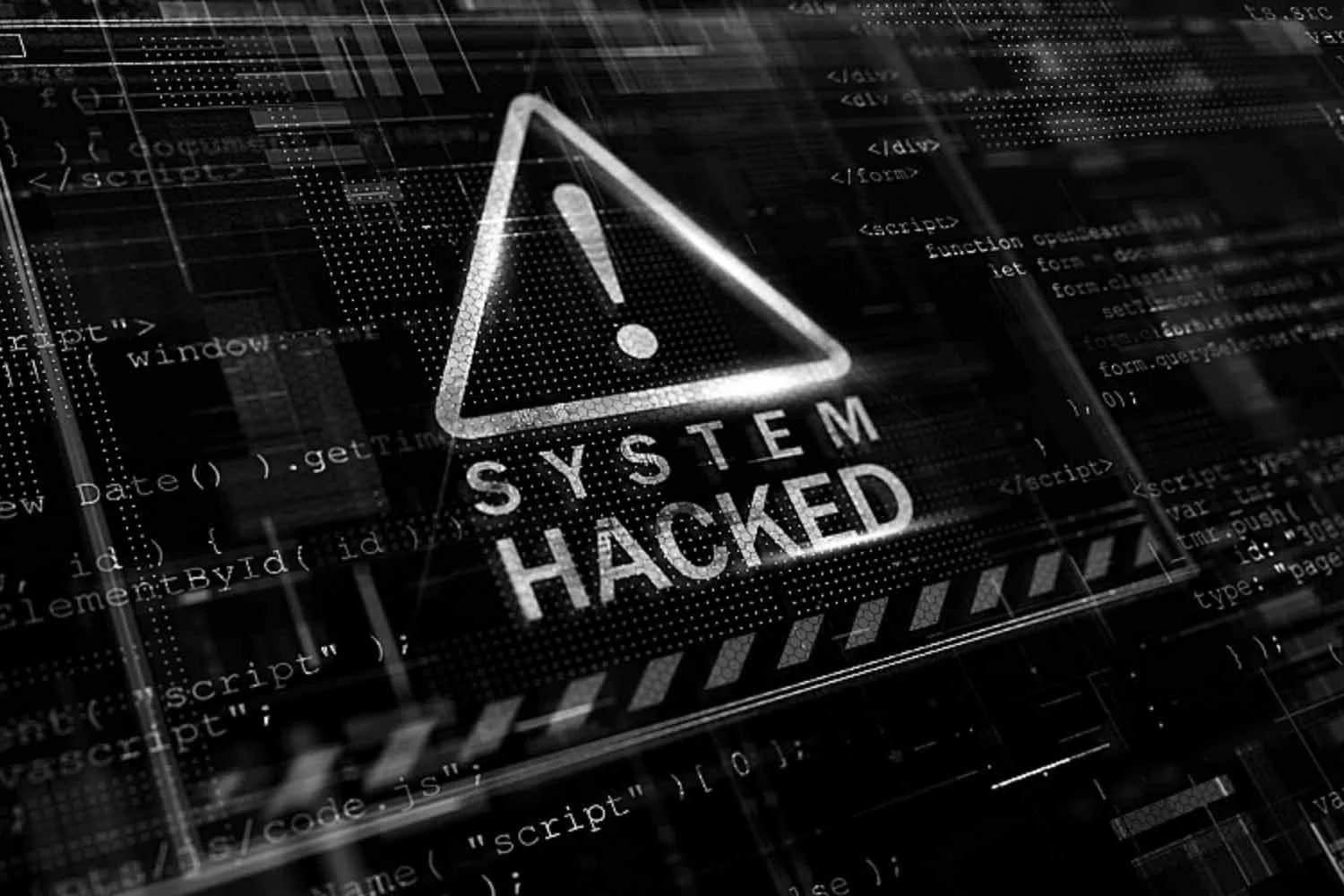 A warning triangle icon with an exclamation mark and the words "System Hacked" over a background of computer code and digital interface elements.