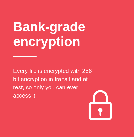 Red background poster about bank-grade encryption with white text and lock icon, detailing 256-bit encryption for file security.