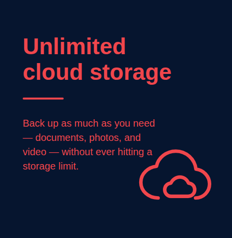 Advertisement for unlimited cloud storage, highlighting the ability to back up unlimited documents, photos, and videos without storage limits, featuring a cloud icon.