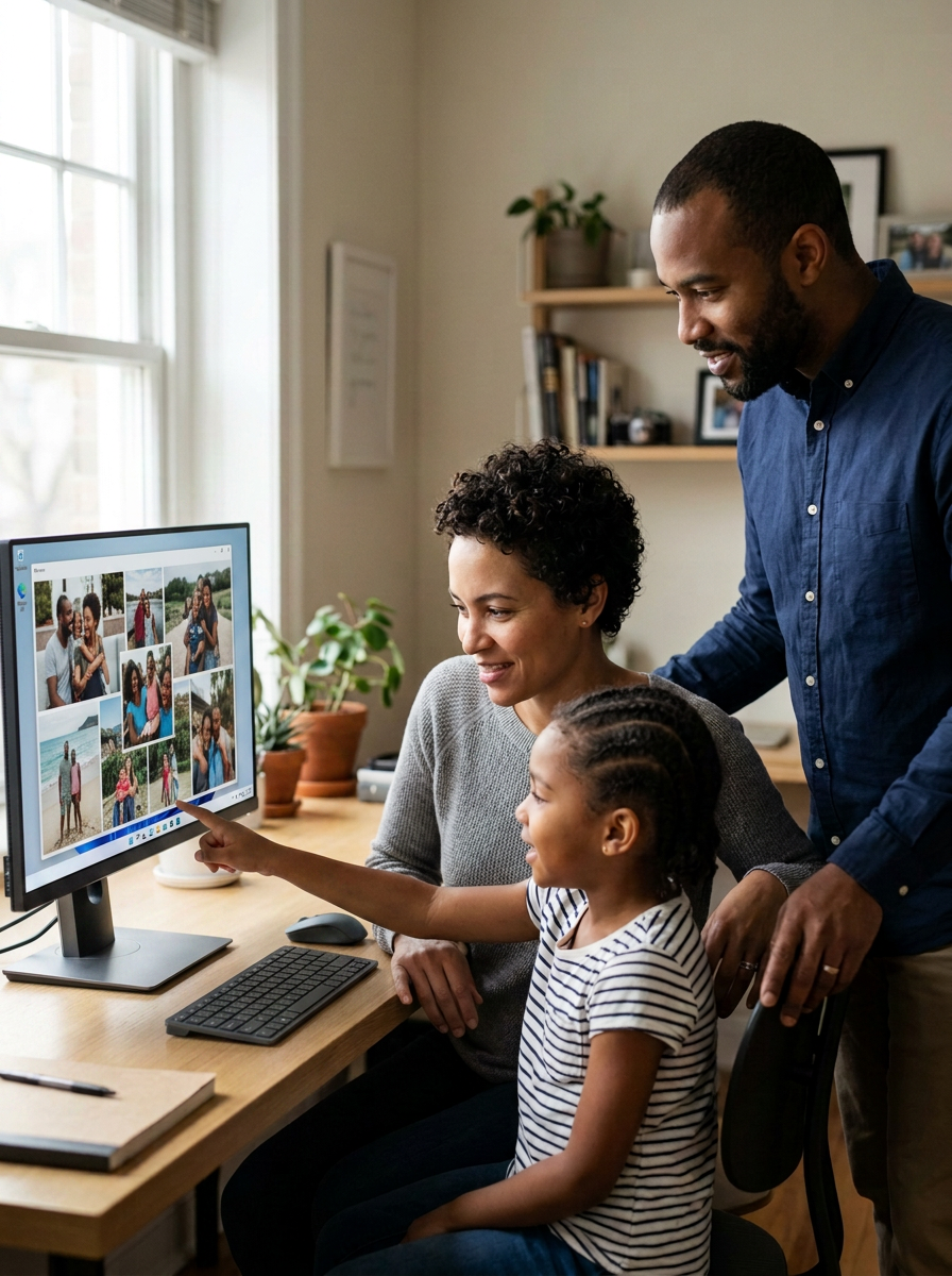 A family of three looking at vacation photos on a computer screen in a cozy home office with natural light.