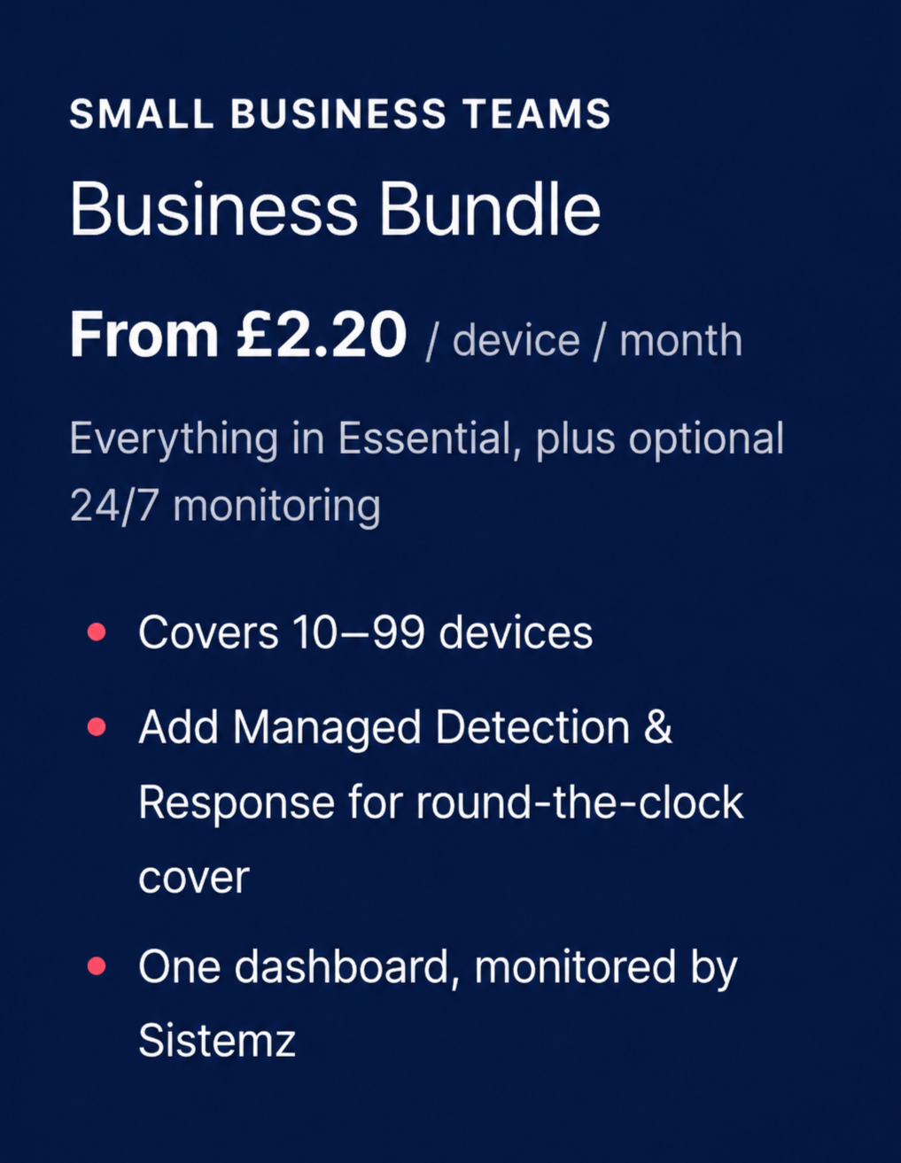 Advertisement for small business team packages, starting from 2.20 British pounds per device per month, including device coverage, optional 24/7 monitoring, and management features.