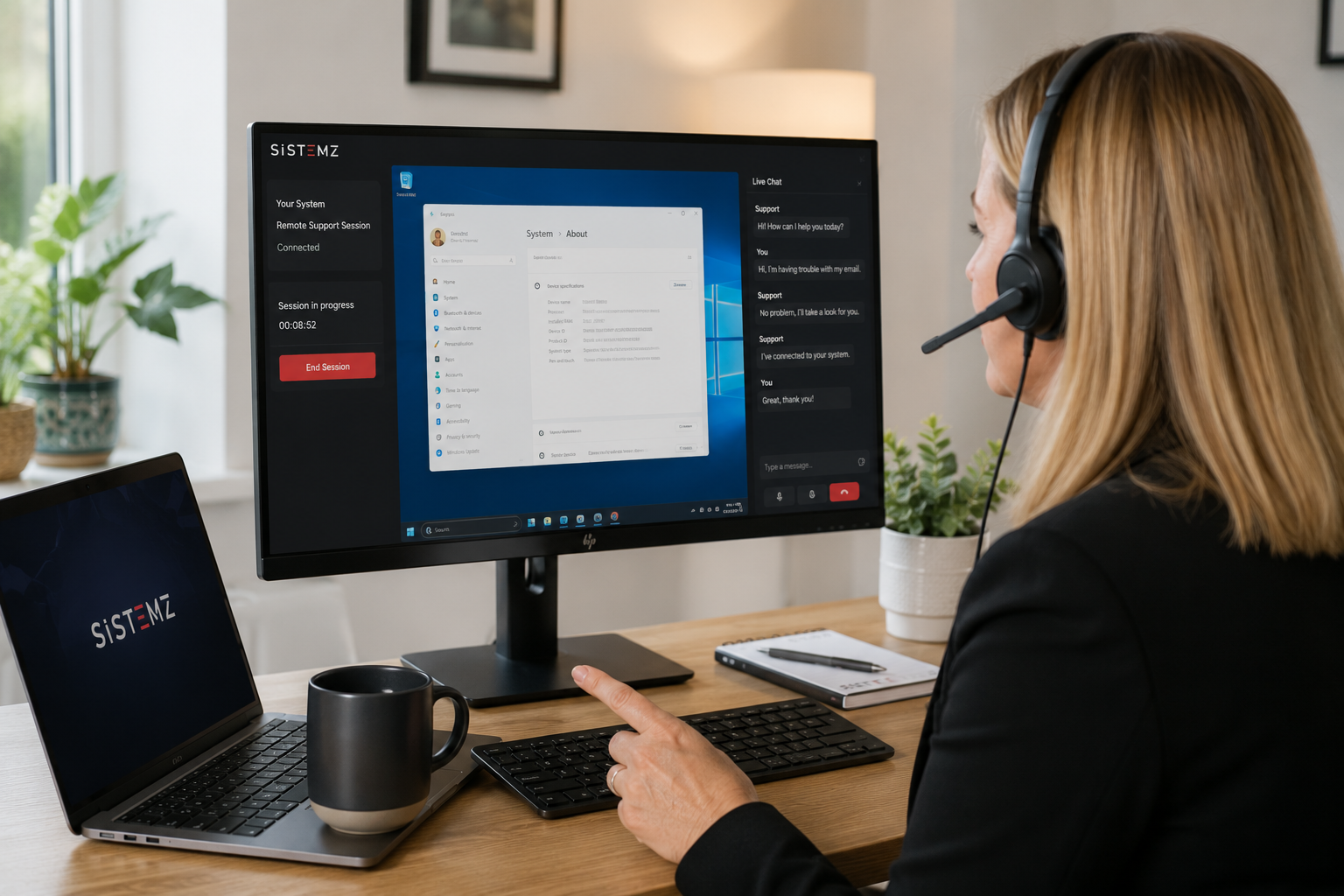A woman with blonde hair wearing a headset, sitting at a desk with a computer monitor, laptop, and plants, conducting a remote support session.