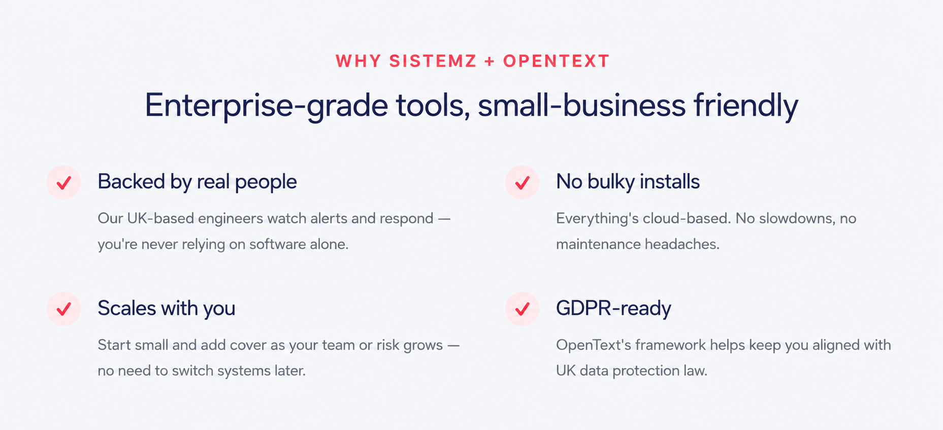 A digital marketing webpage highlighting benefits of Sistemz and OpenText enterprise tools, including points about being backed by real people, no bulky installs, scalability, and GDPR compliance.