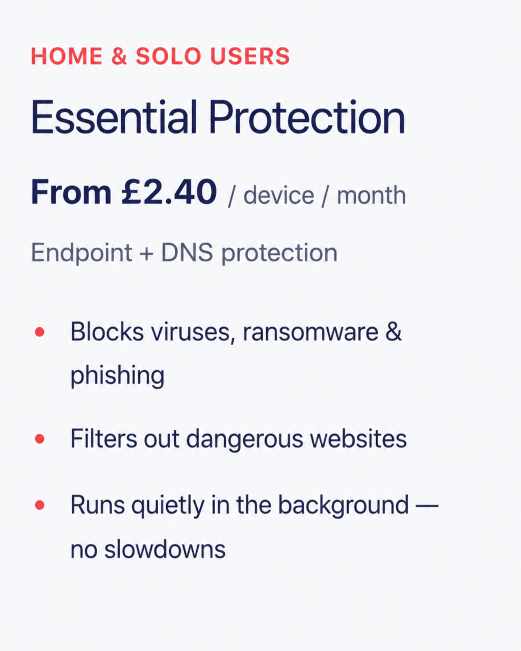 Advertisement for internet security service with plans starting at 2.40 British pounds per device per month, offering endpoint and DNS protection, blocking viruses, ransomware, phishing, filtering dangerous websites, and running silently in the background.