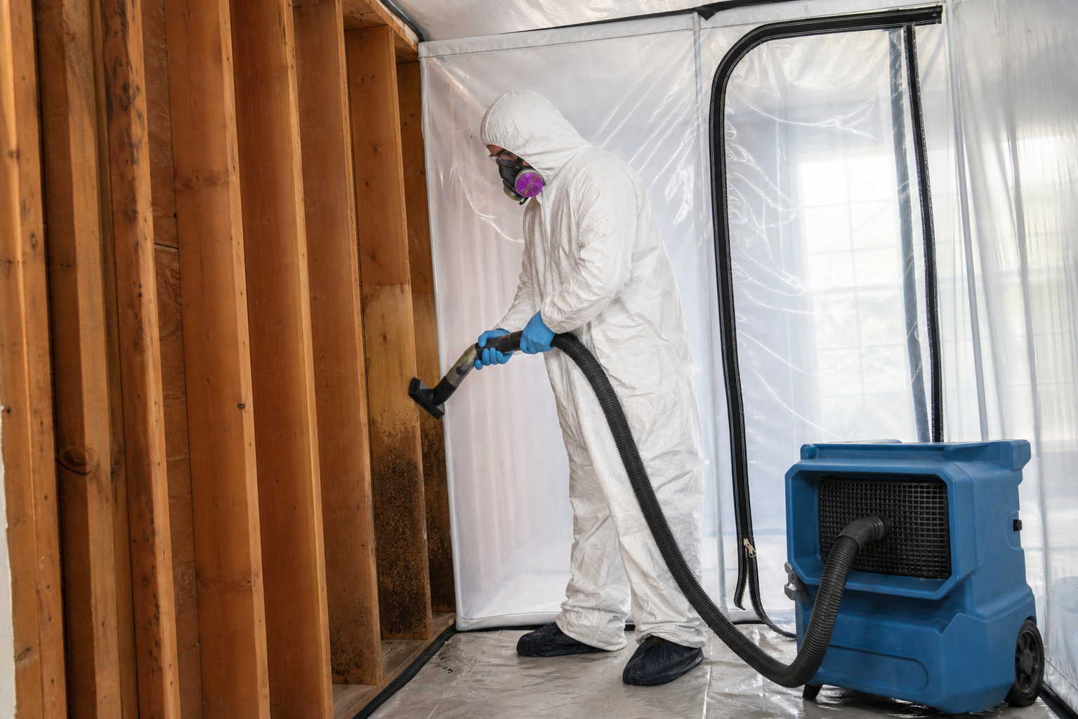 Mold remediation technician in protective equipment HEPA-vacuuming exposed wall framing inside professional containment.