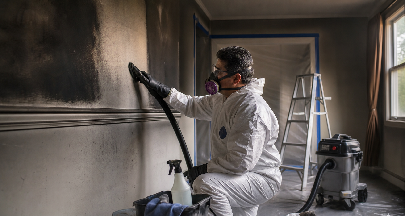 Restoration technician cleaning soot from a smoke-damaged interior wall after a Maryland property fire.