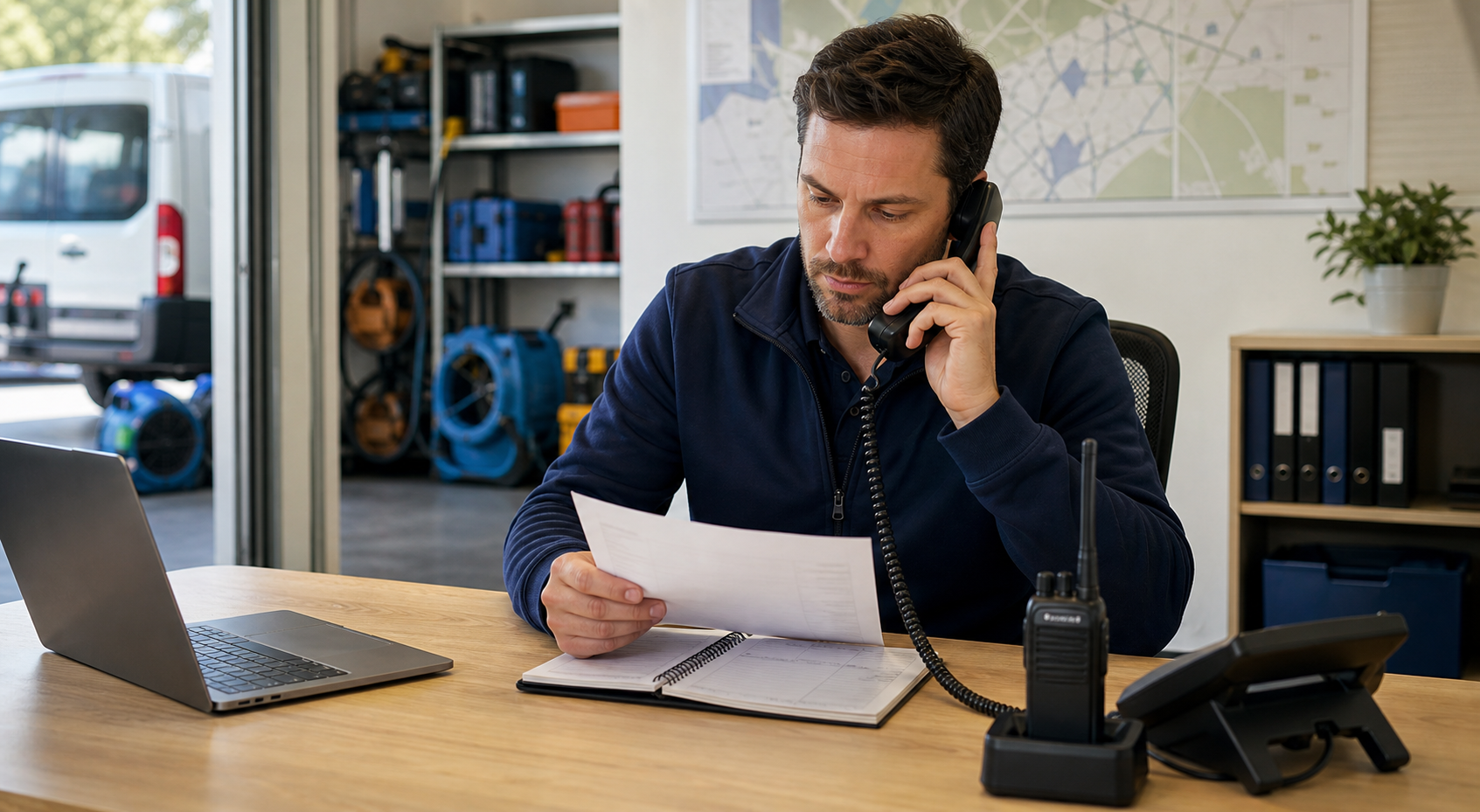 Masters of Disaster owner-operator answering an emergency restoration call in a professional operations office.