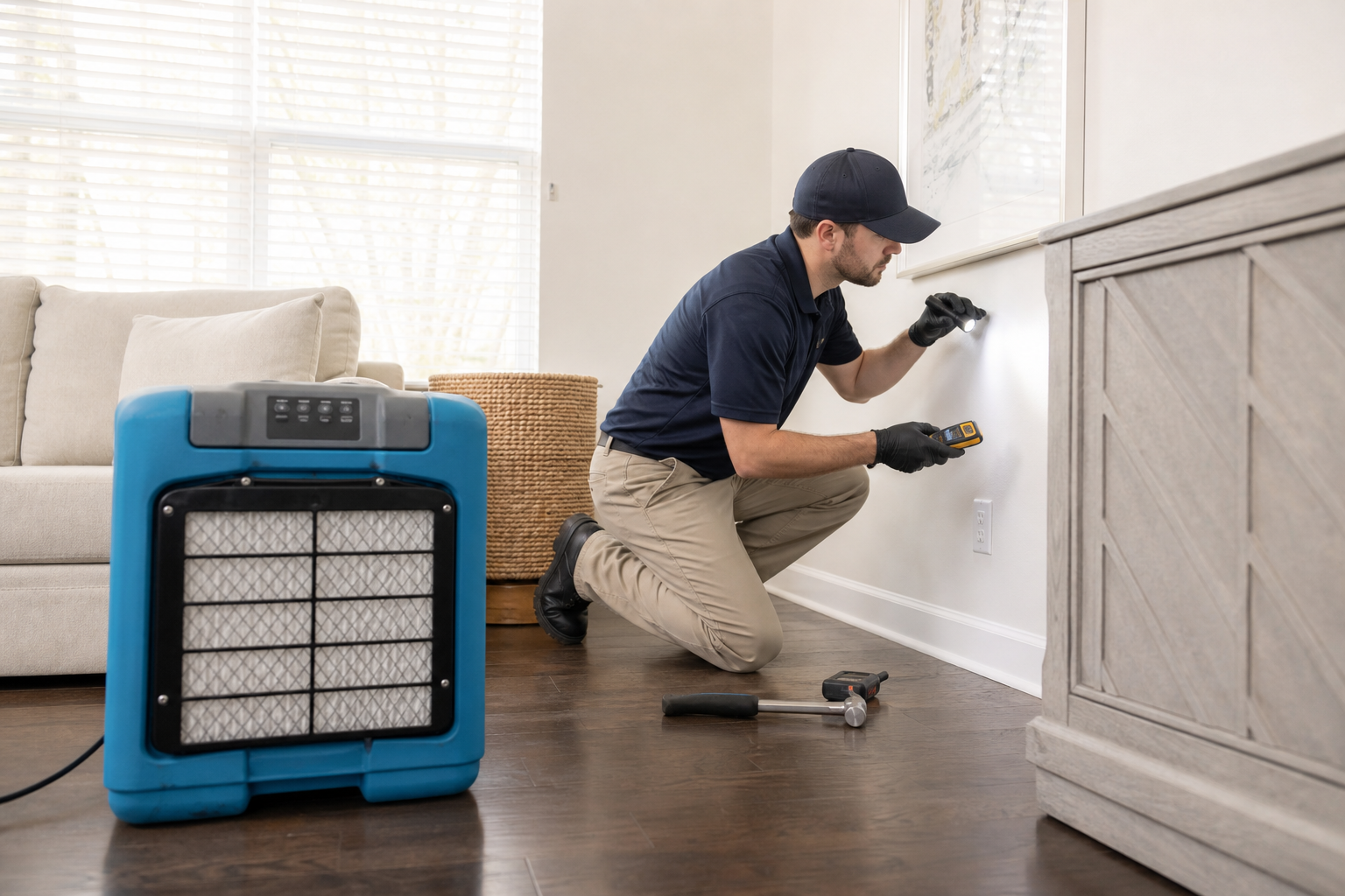 Restoration technician investigating a persistent property odor beside a professional air scrubber in a Maryland home.