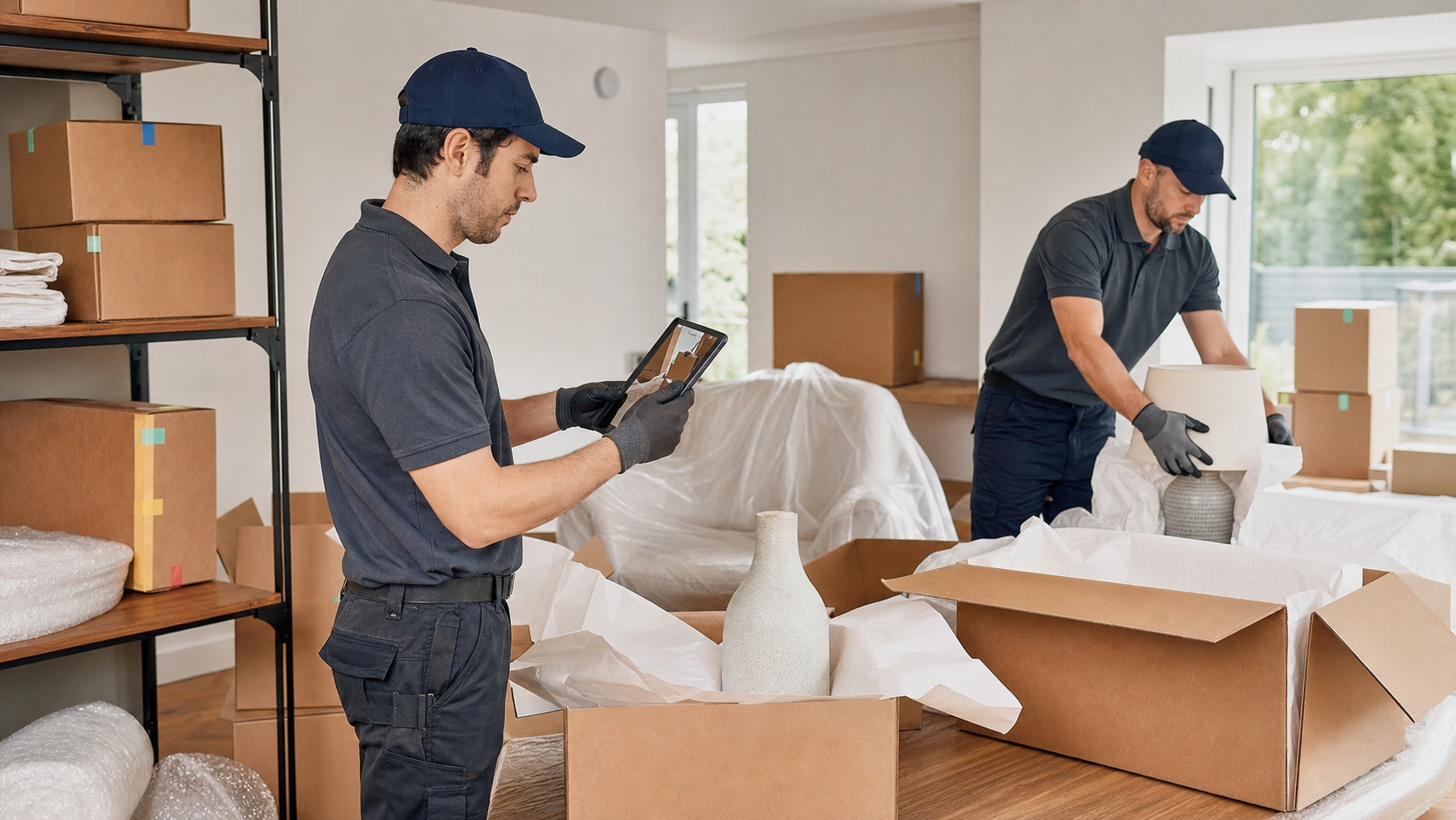 Restoration team carefully cataloging, wrapping, and packing household contents during a professional packout.