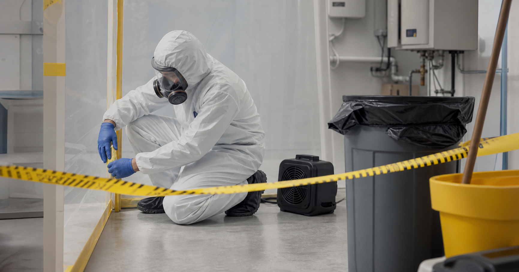 Biohazard cleanup technicians in full protective equipment working inside clean professional containment without graphic material.