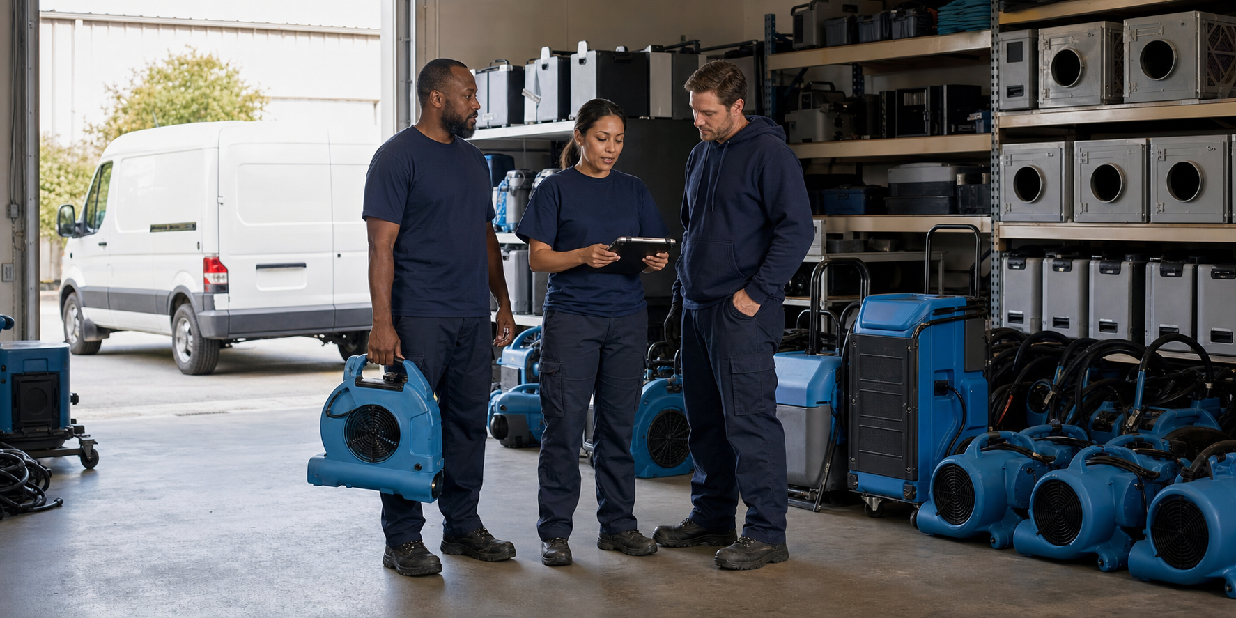 Branded illustration of a restoration crew reviewing project details beside professional drying equipment.