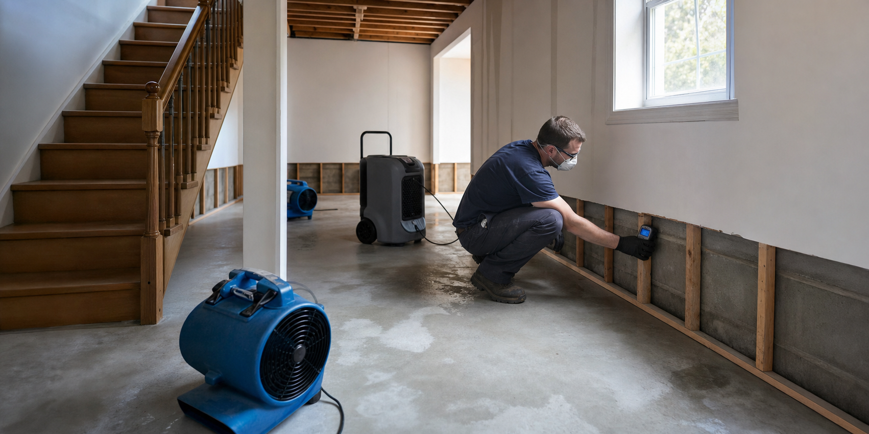 Restoration technician measuring moisture in a water-damaged Maryland basement beside professional drying equipment.