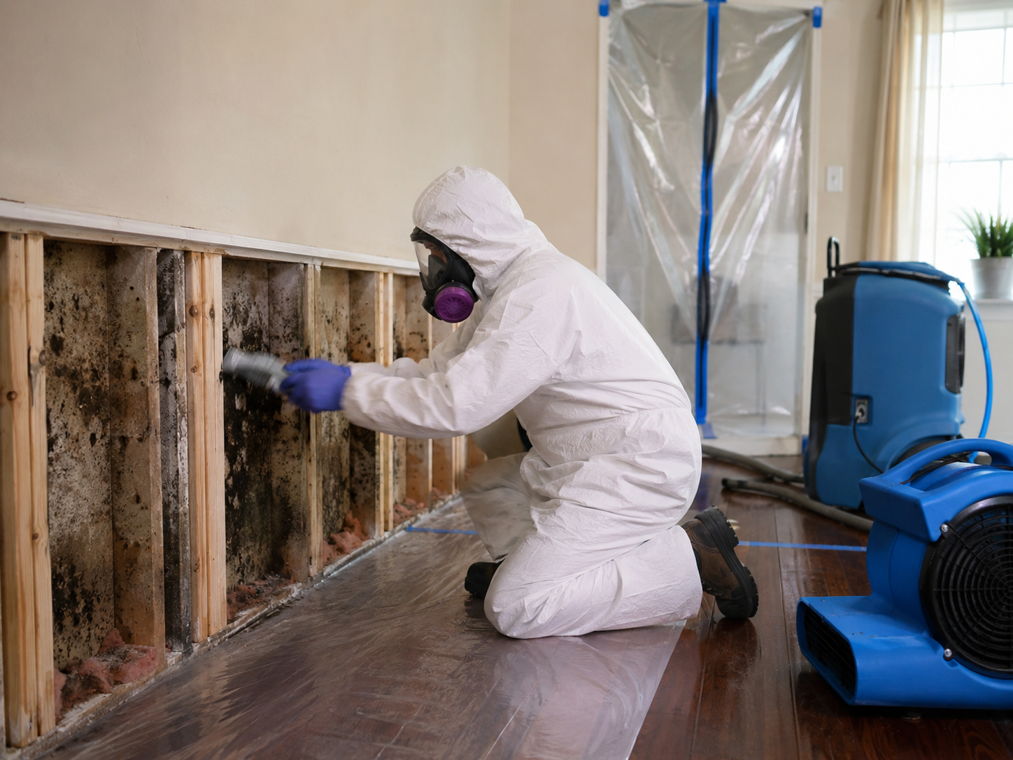 Branded illustration of contained mold remediation work with HEPA air filtration.