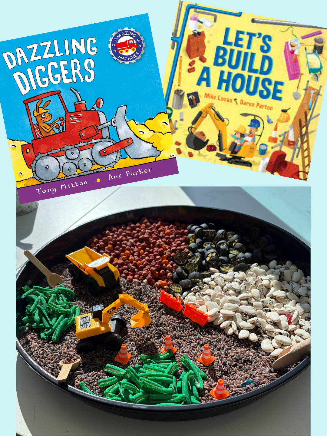 A sensory bin filled with rice, plastic construction toys, and small figurines, with books about building and construction in the background.