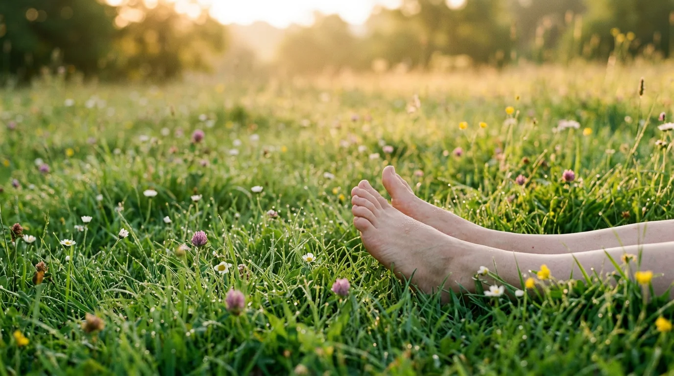 Person relaxing on a grassy field with wildflowers at sunset