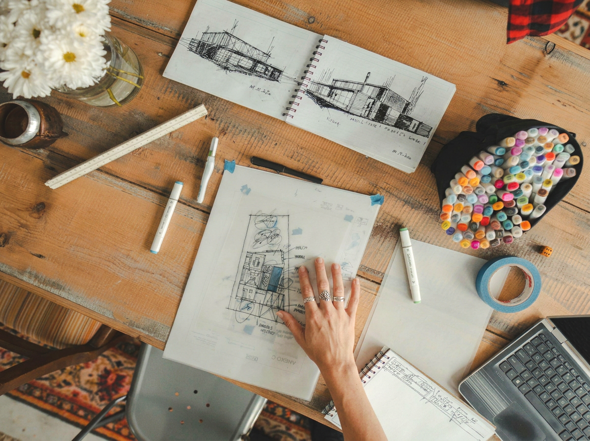 Entwurfsarbeit mit Architekturzeichnungen, Skizzen und Arbeitsmaterialien auf einem Schreibtisch