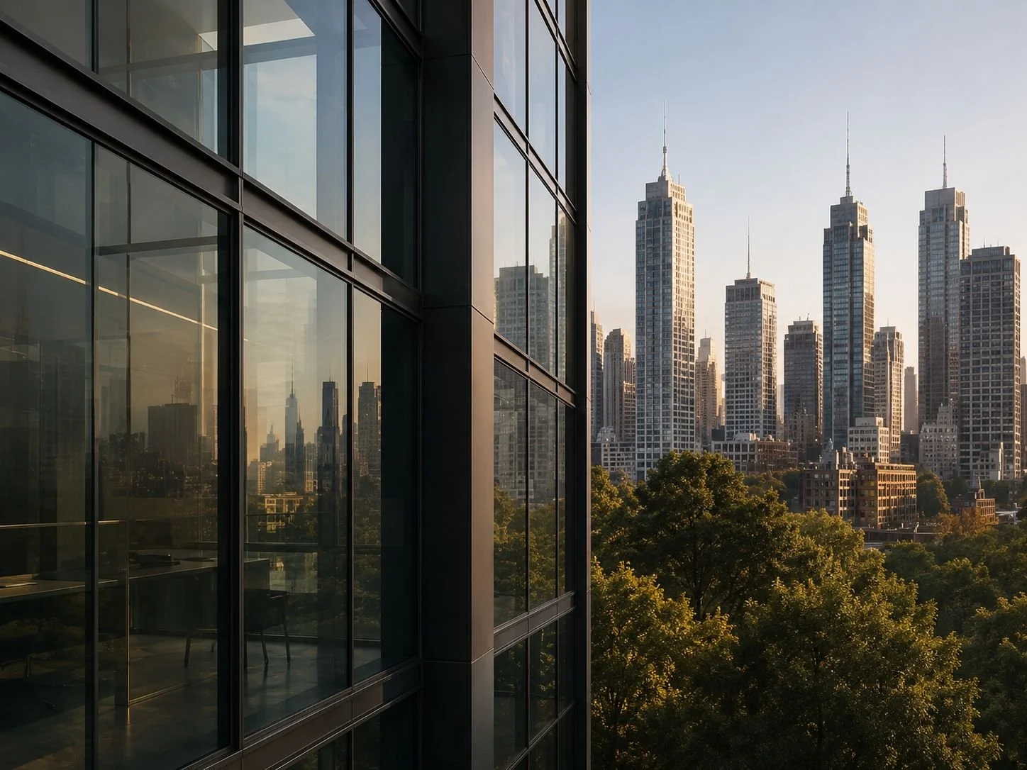dubai skyline reflected in modern office windows