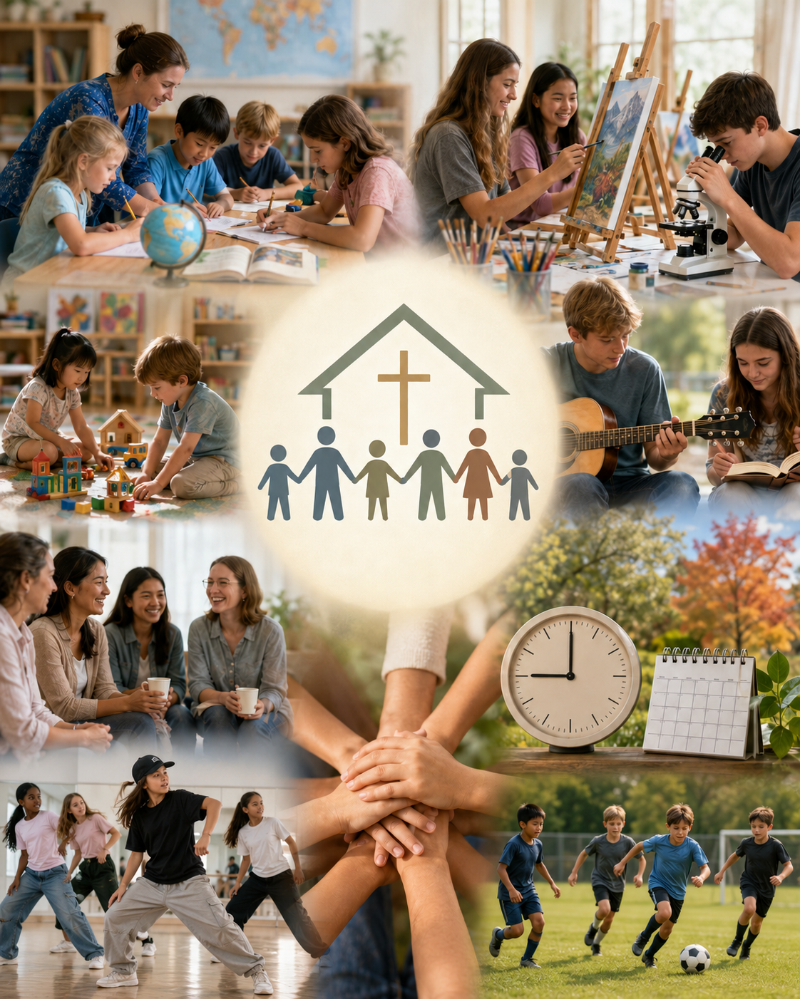 A collage depicting various community activities including children in a classroom, adults playing musical instruments, children playing with toys, women having a discussion, children running on a field, and a group of people holding hands under a church symbol, with images of a clock, calendar, and hands joining together.