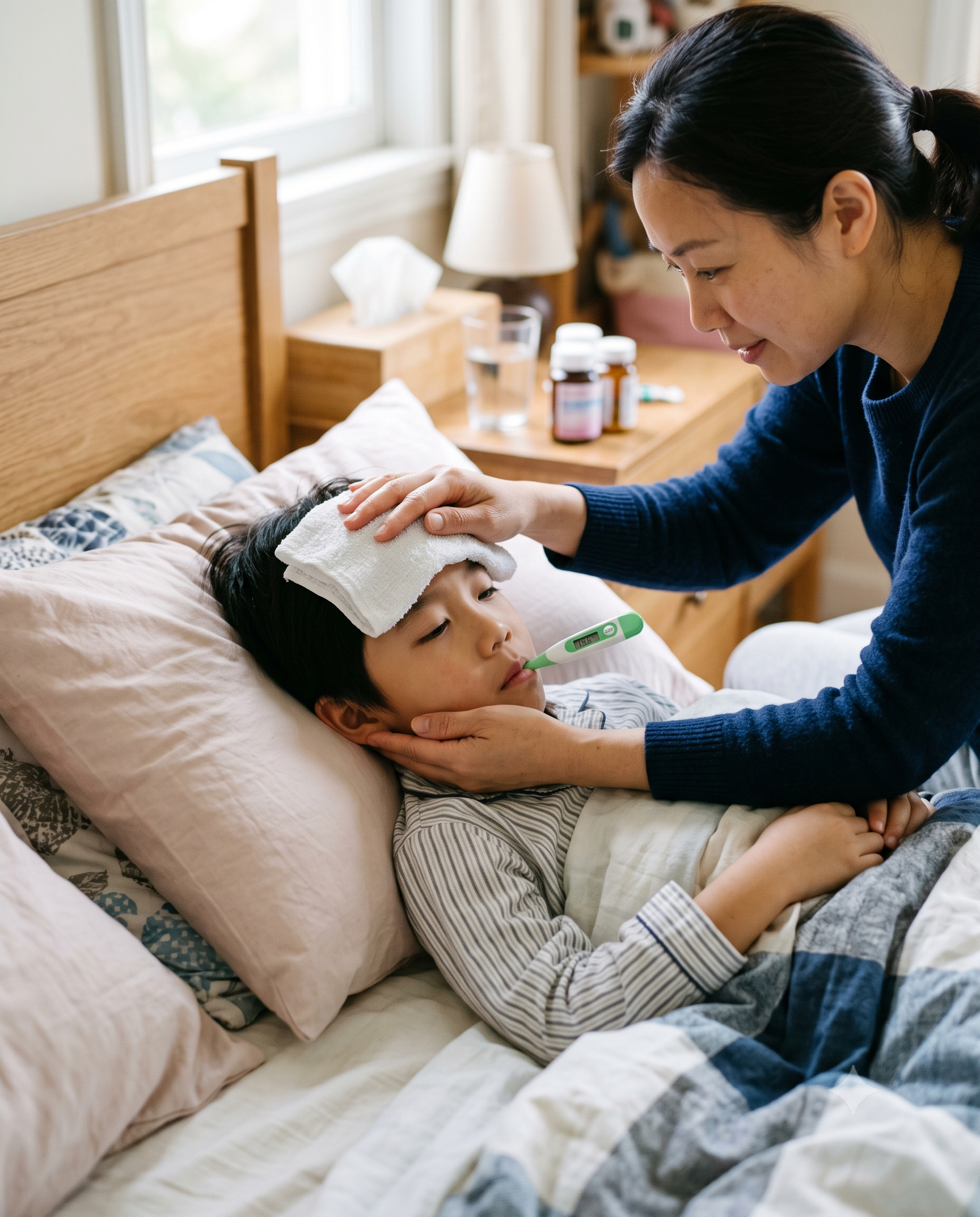 A woman is tending to a young boy lying in bed, holding a tissue to his forehead and checking his temperature with a thermometer. The boy appears unwell and is covered with a blanket. The setting is a bedroom with natural light coming through the window, and various medications and water on the bedside table.