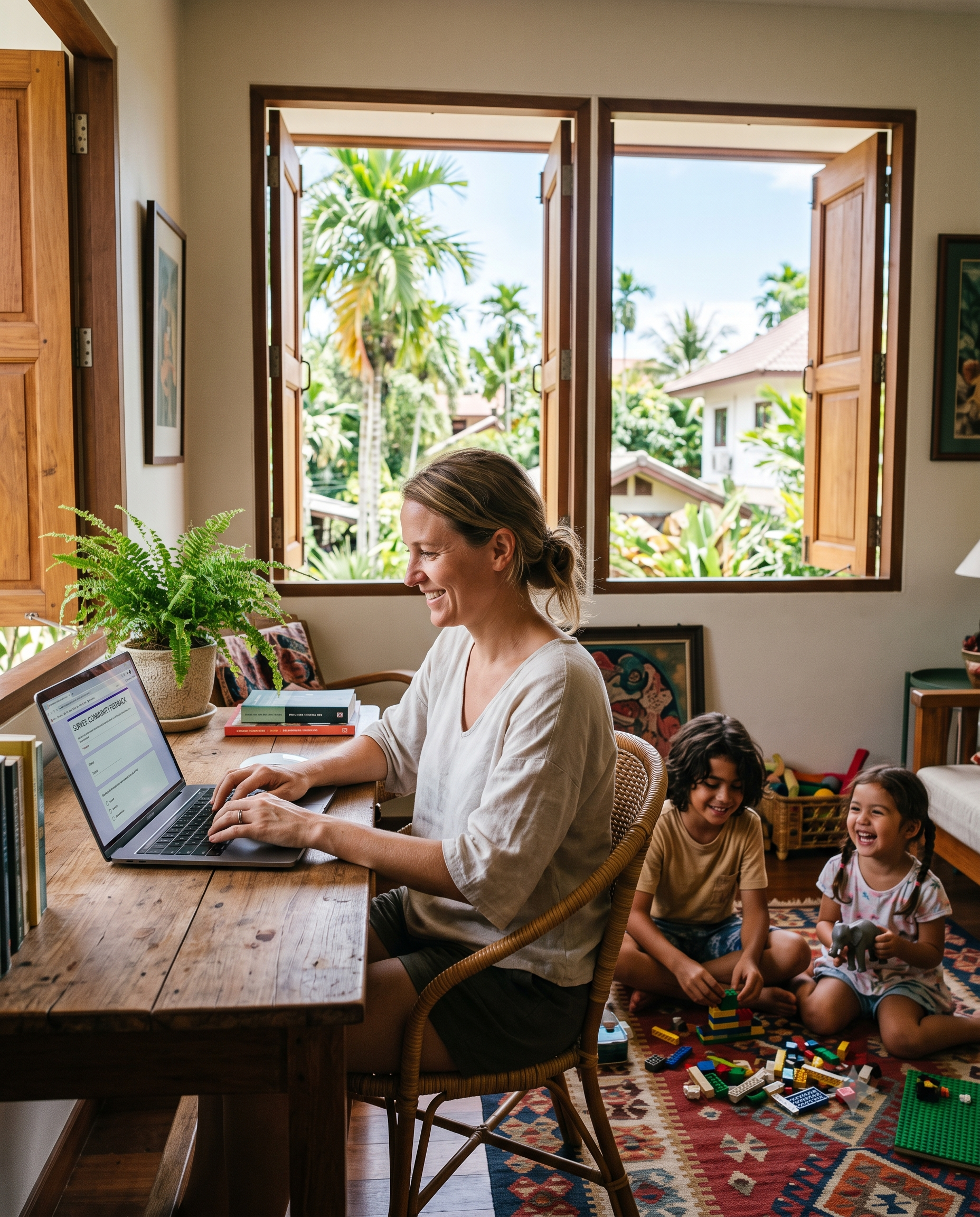 A woman sits at a wooden table working on a laptop with a houseplant and a stack of books nearby, while three children play on the colorful rug in a room with open windows and a view of tropical trees and houses outside.