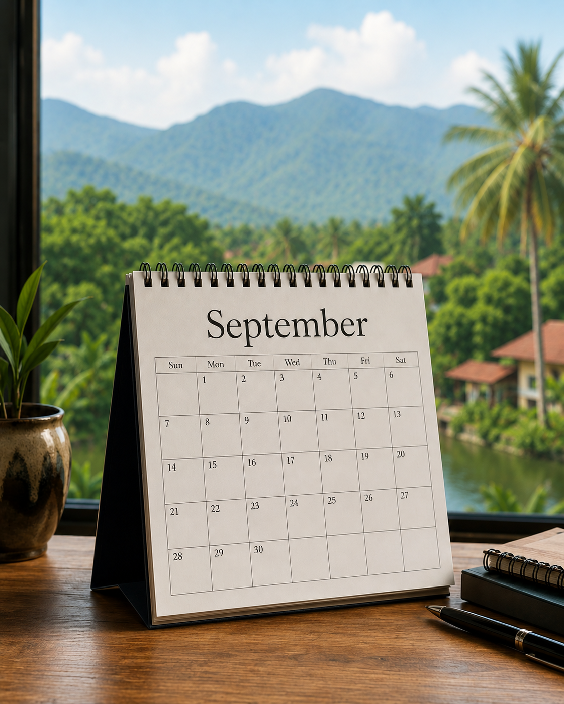 Desk calendar displaying September, placed on a wooden table with a view of lush green trees, mountains, and blue sky outside the window.