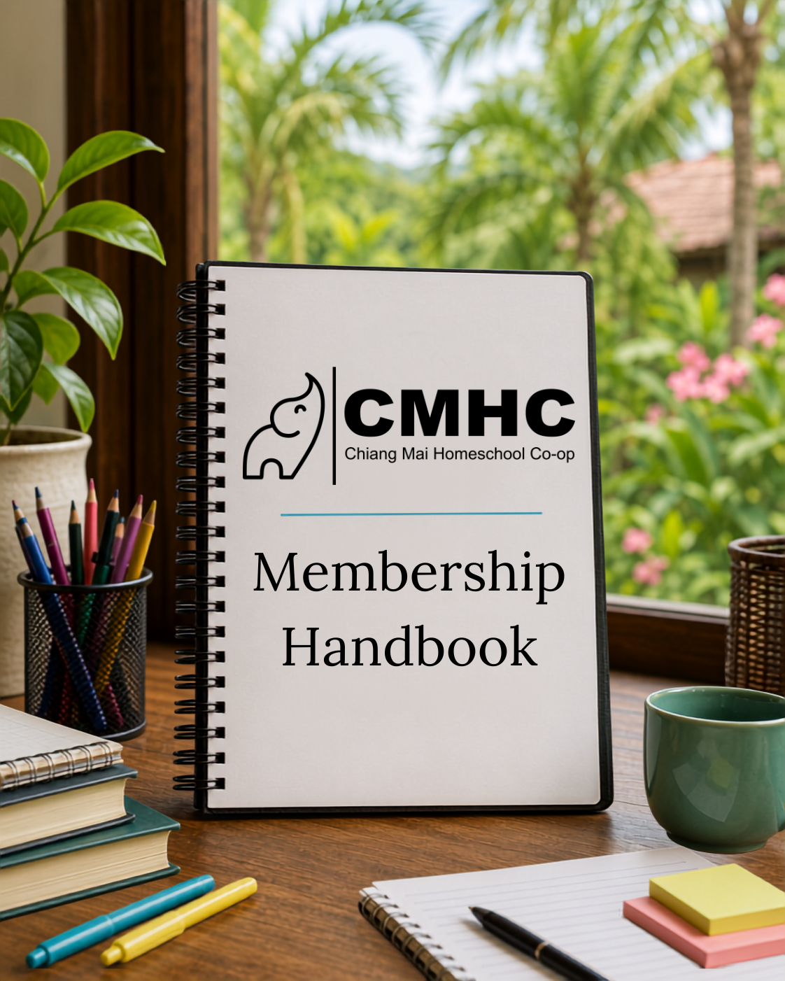 Membership handbook for Chiang Mai Homeschool Co-op placed on a wooden desk with notebooks, pens, a mug, and a potted plant, with a background of green trees and pink flowers outside a window.