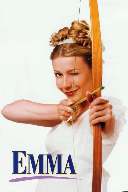 Woman with curled blonde hair holding a bow and arrow, aiming and winking, with the name Emma written in bold blue letters at the bottom.