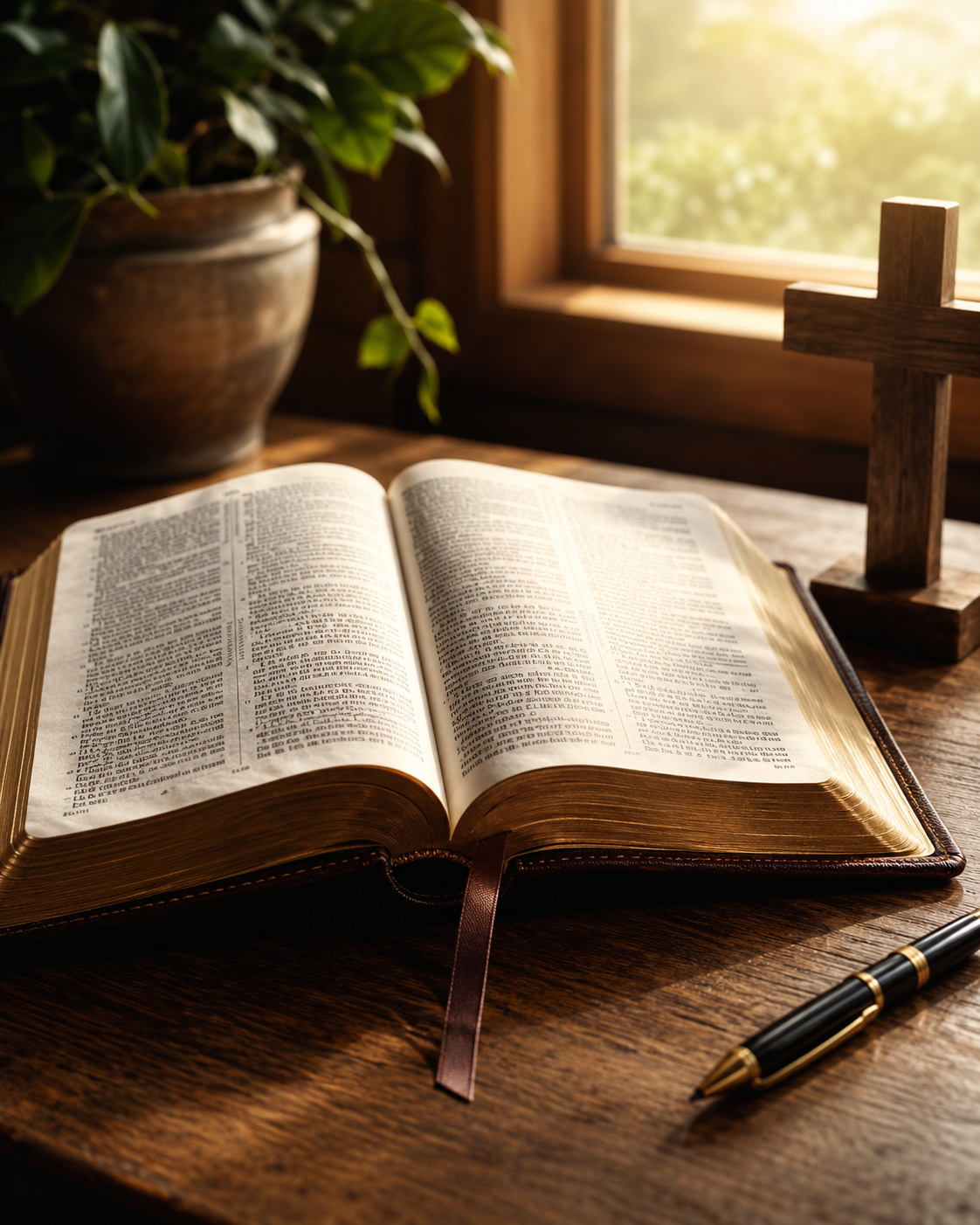 An open Bible with a black and gold pen on a wooden table near a window with sunlight streaming in, a potted plant, and a wooden cross in the background.