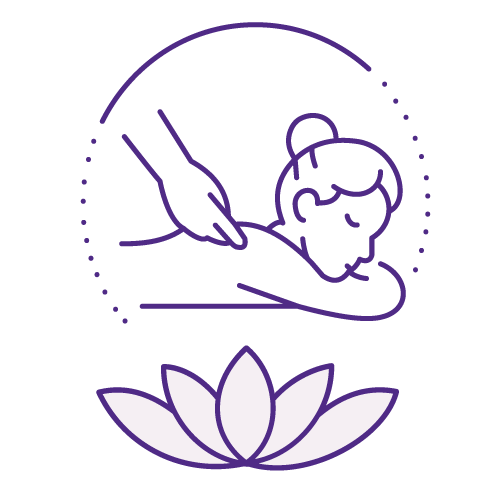 Illustration av en person som får ryggmassage, sittande på en blomma, med en massörs hand som ger massage.