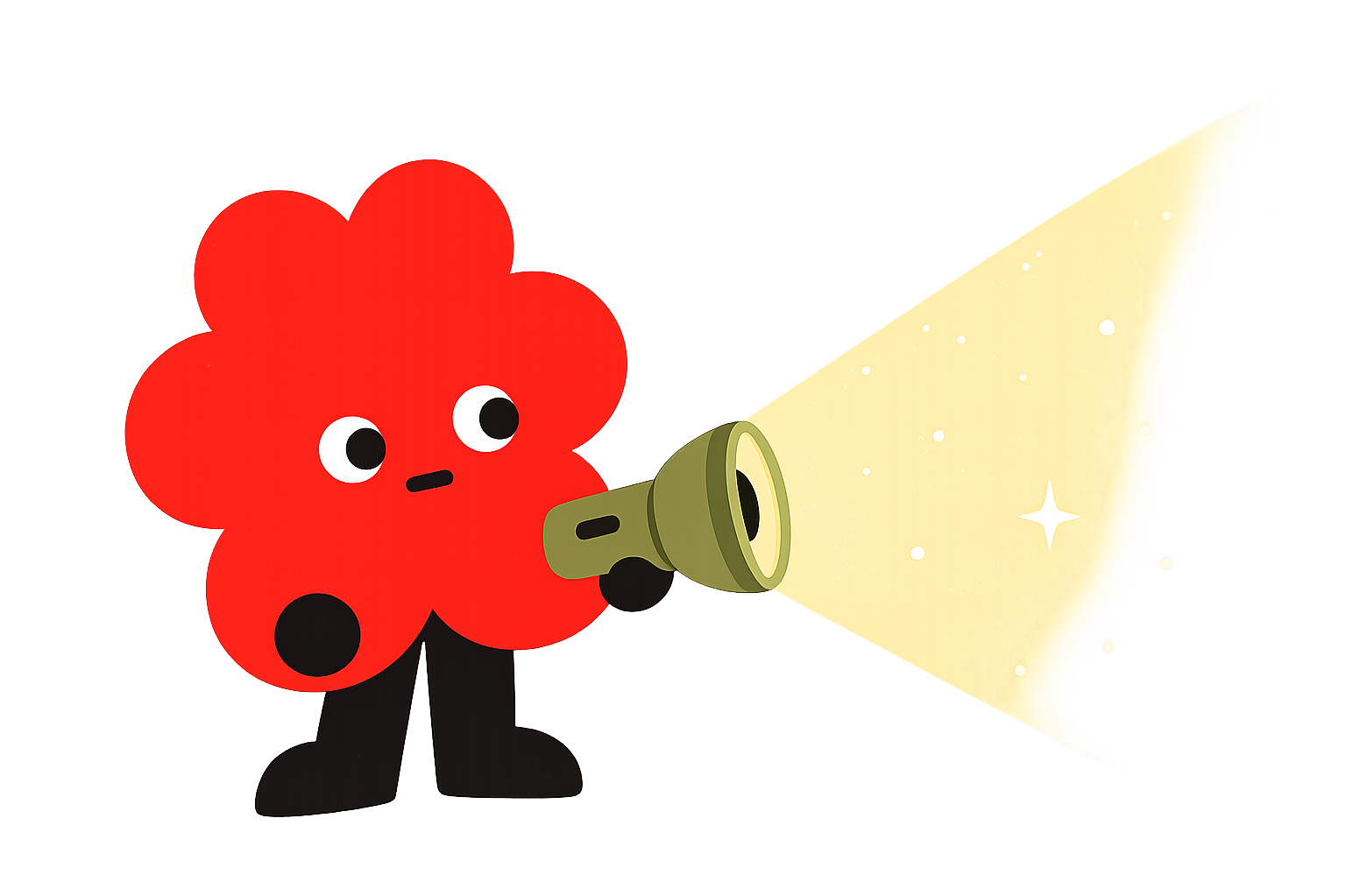 Una figura de color rojo con forma de flor con ojos y boca, sosteniendo una linterna que proyecta una luz brillante con destellos en un fondo negro.