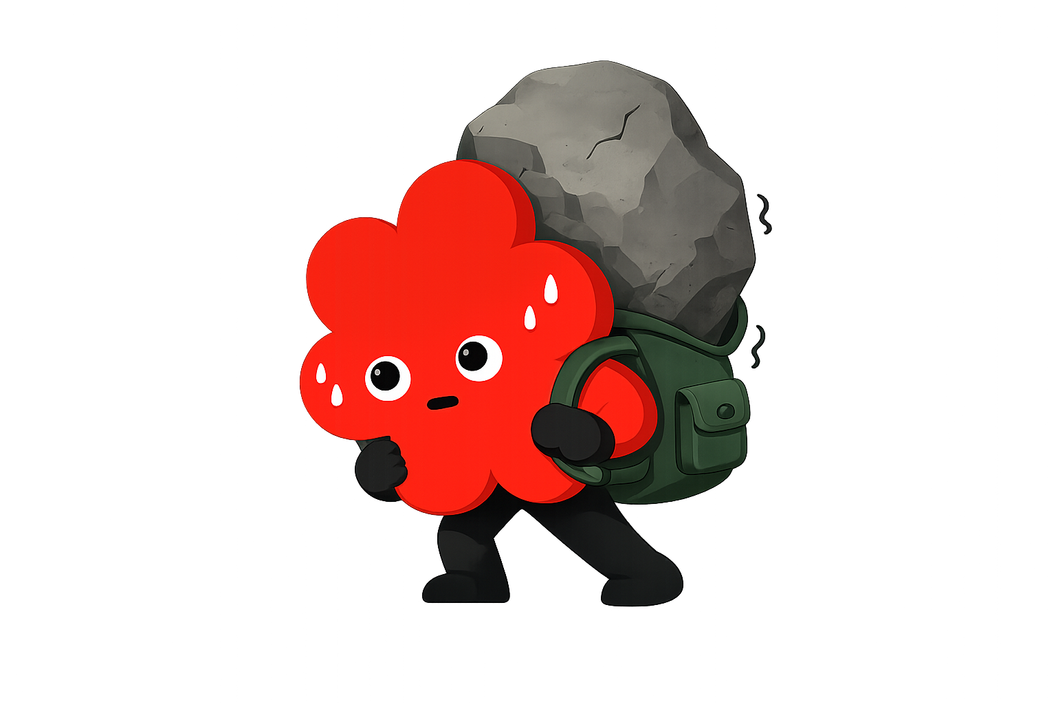 Personaje cartoon de una nube de color rojo con cara sorprendida, llevando una mochila con una roca gigante. La figura está en movimiento, con expresión de preocupación.