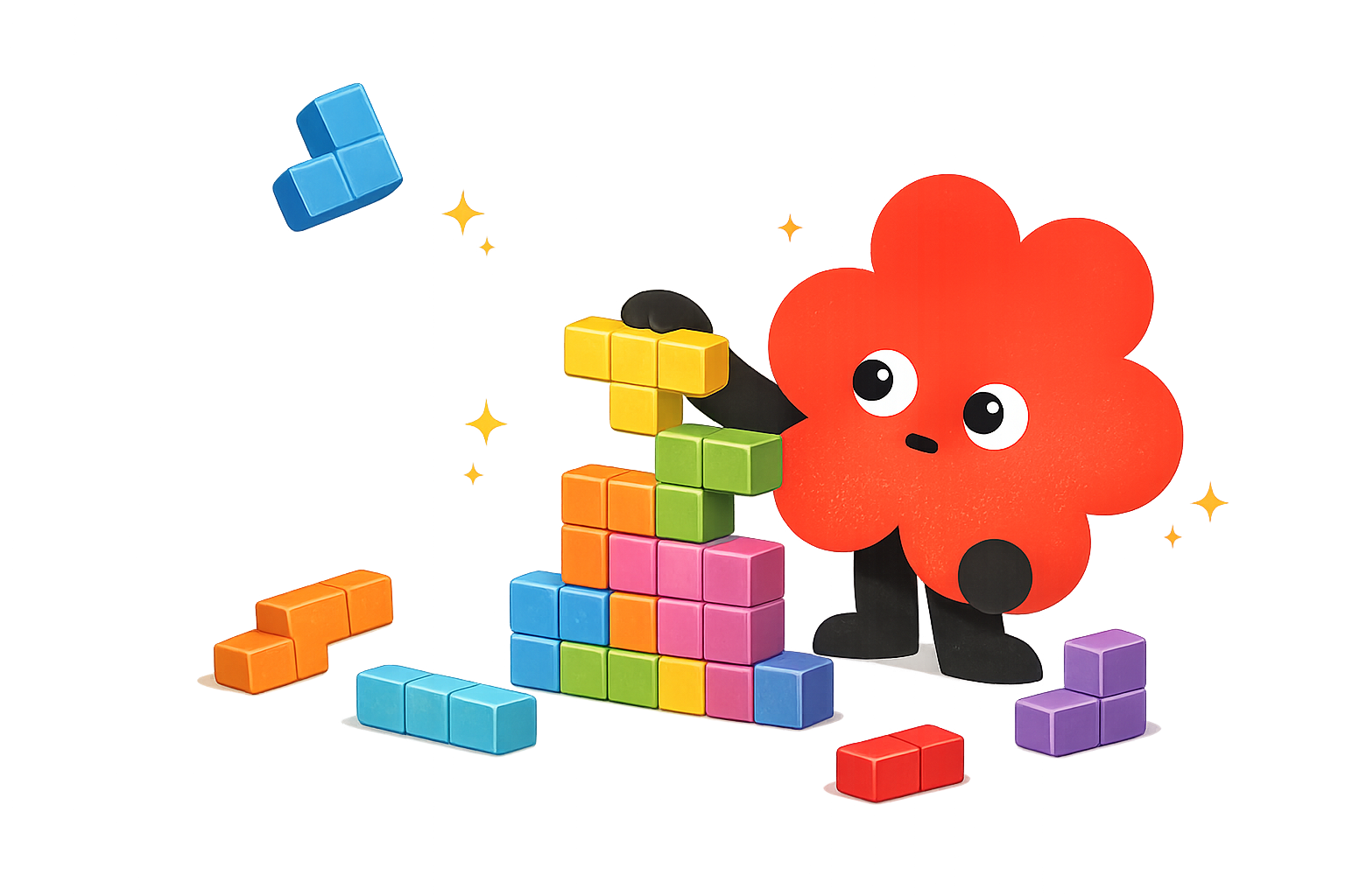Un personaje de nube de color naranja con ojos grandes y boca pequeña, que está construyendo una torre de bloques de colores, con bloques en la mano y otros en el suelo, junto a un gráfico de barras de colores y bloques.