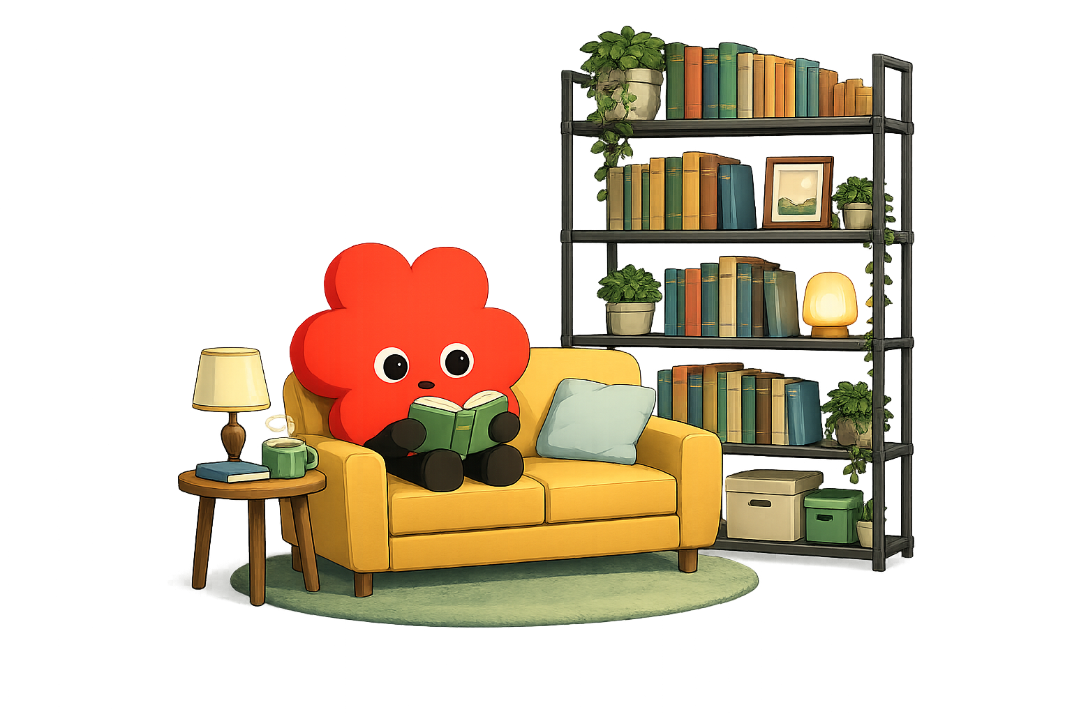 Dibujo de una sala con un sillón amarillo, una estantería con libros y plantas, y una criatura con forma de flor roja que lee un libro en el sillón
