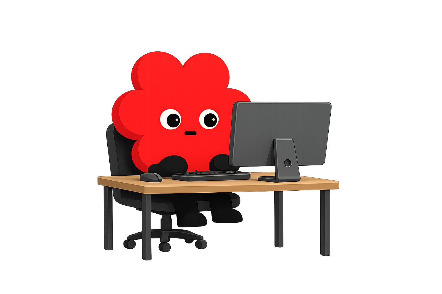 Un personaje animado con forma de flor roja sentado en una silla frente a una computadora en un escritorio de madera.
