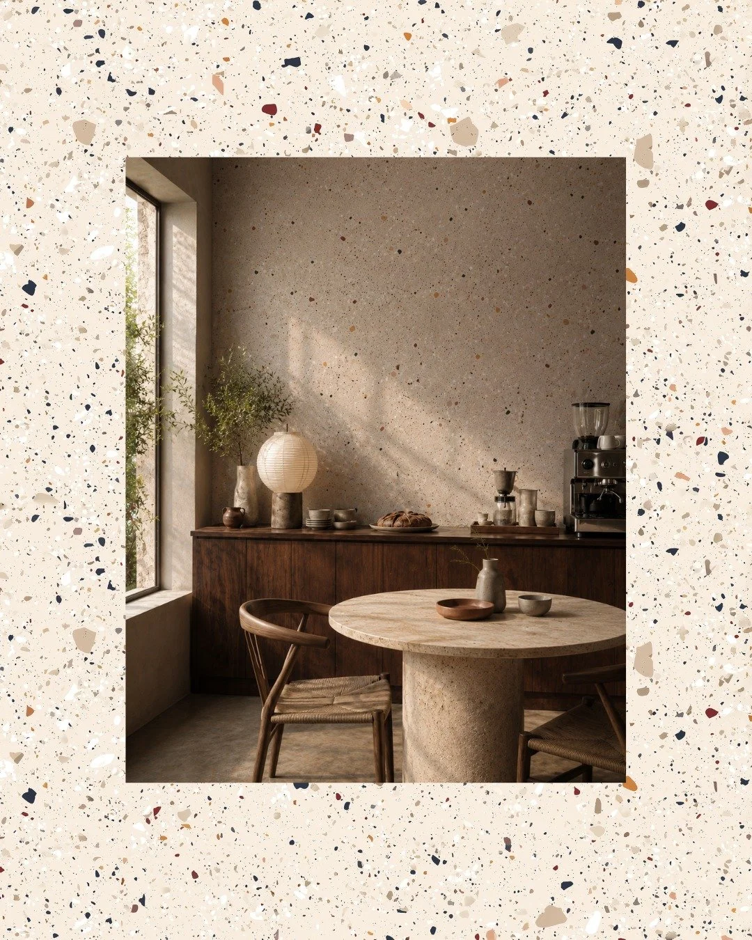 El terrazo nunca fue un material neutro.
Cada fragmento &mdash; piedra, m&aacute;rmol, vidrio &mdash;
es una decisi&oacute;n de otro momento
que ahora vuelve a hablar en el muro.

Llevado al papel tapiz, no imita la piedra.
Interpreta su l&oacute;gic