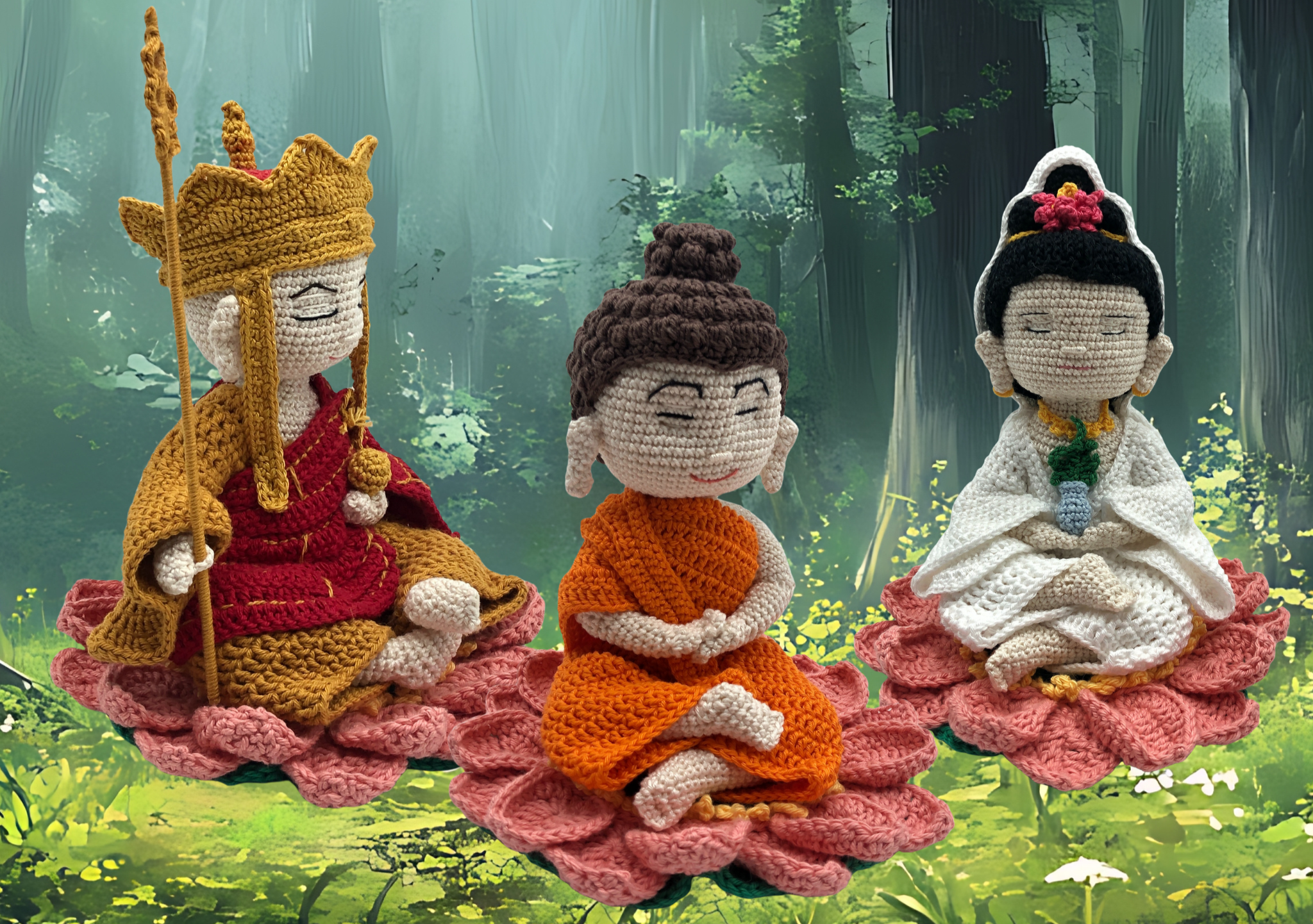 Four knitted dolls dressed as traditional Asian royalty and a princess sitting on pink knitted lotus flowers in a lush forest setting.