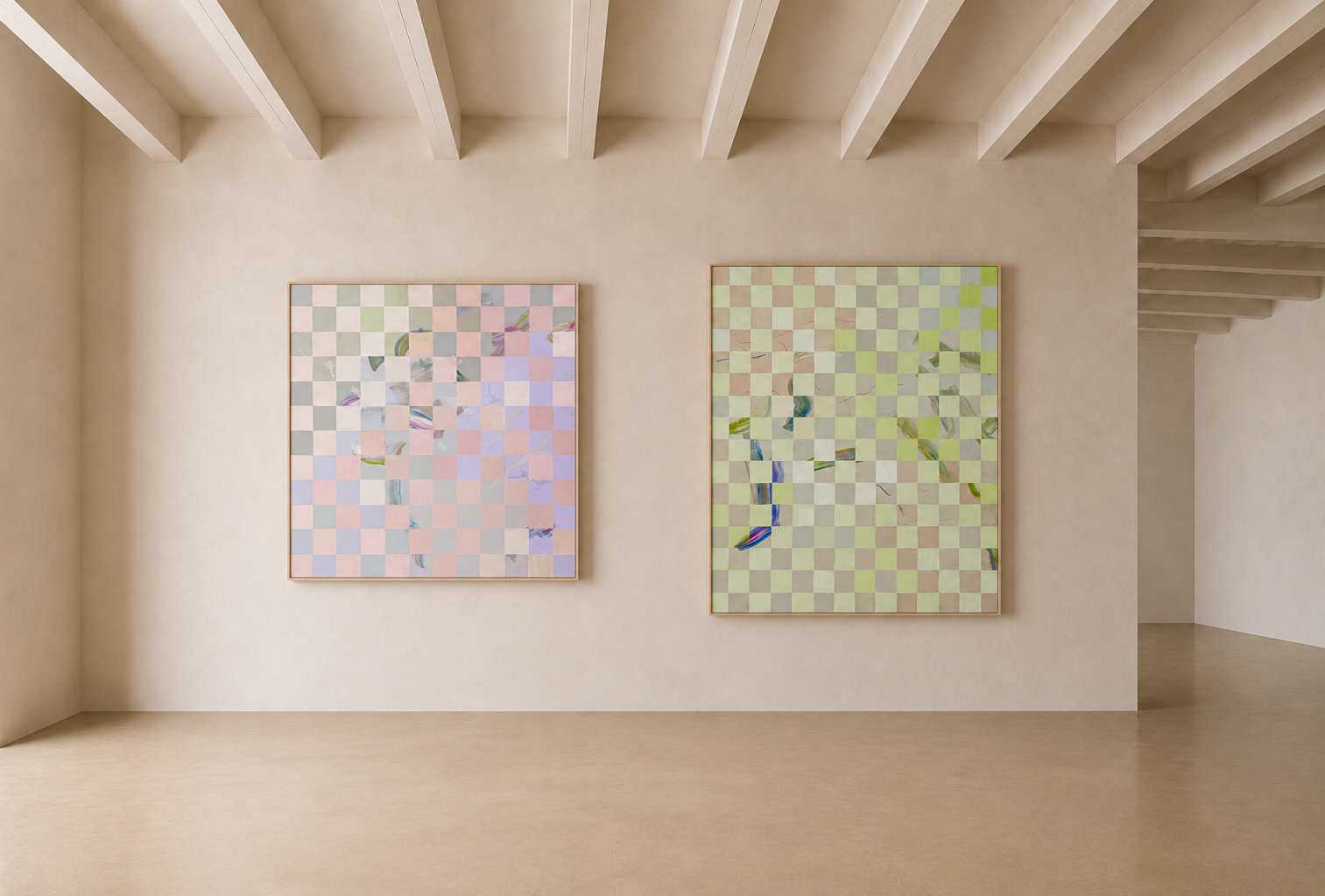 Two abstract paintings with checkerboard patterns on a beige gallery wall, with exposed ceiling beams overhead.