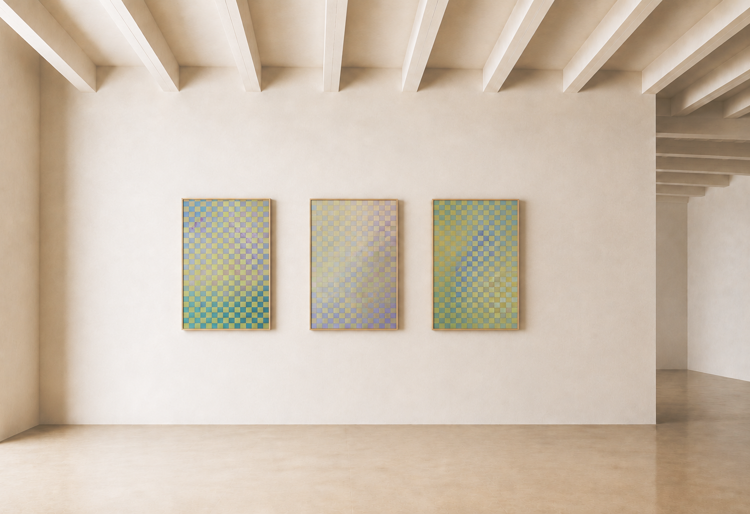 Three framed geometric abstract art pieces with checkered patterns in pastel shades hanging on a white gallery wall with wooden ceiling beams.