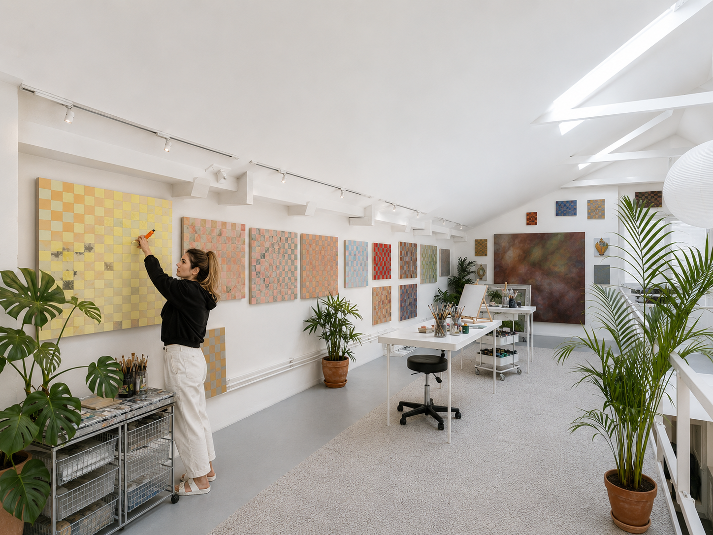 An artist in a black hoodie and white pants working on a yellow and pink checkered painting in a bright art studio decorated with plants and colorful artwork on the walls.