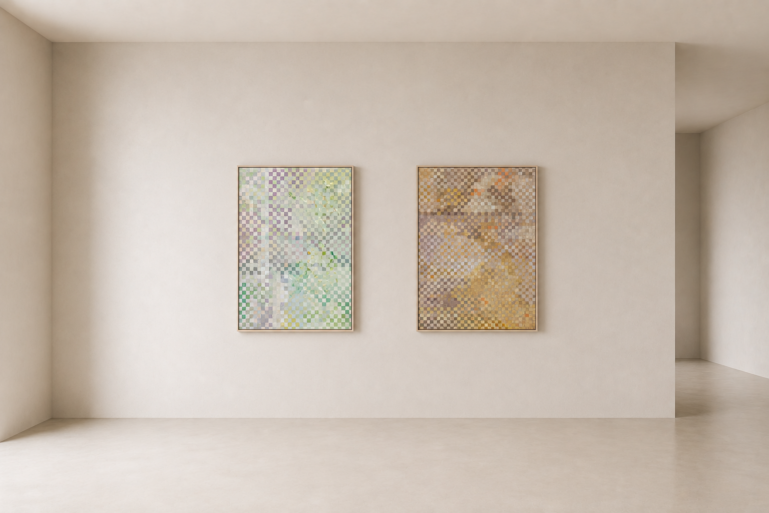 Two abstract colorful paintings hung side by side on a plain, light-colored gallery wall.