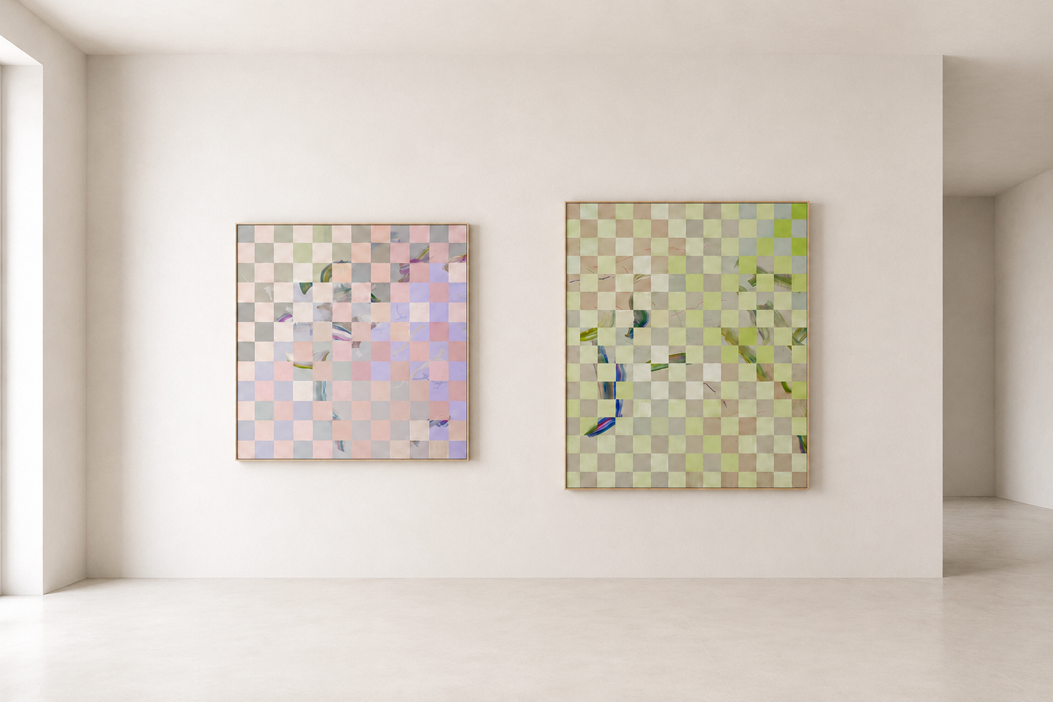 Two abstract paintings with checkerboard patterns and swirling colors hang on a white gallery wall.